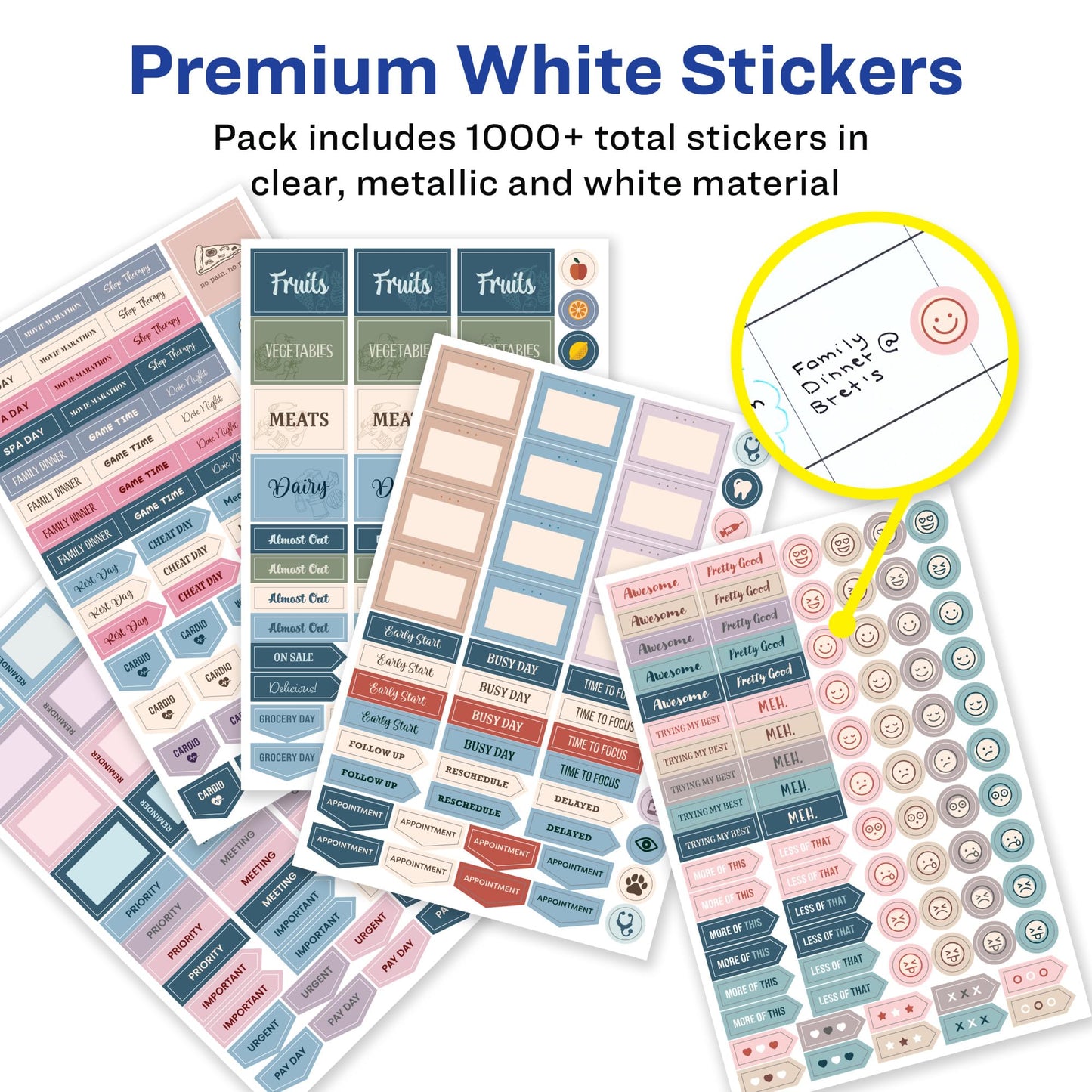 Avery Productivity Planner Sticker Pack, Calendar, Bullet Journaling, and Productivity, Great for to-Dos, Meetings, Budget, and More, 15 Sheets, 1,094 Planner Stickers (6777)