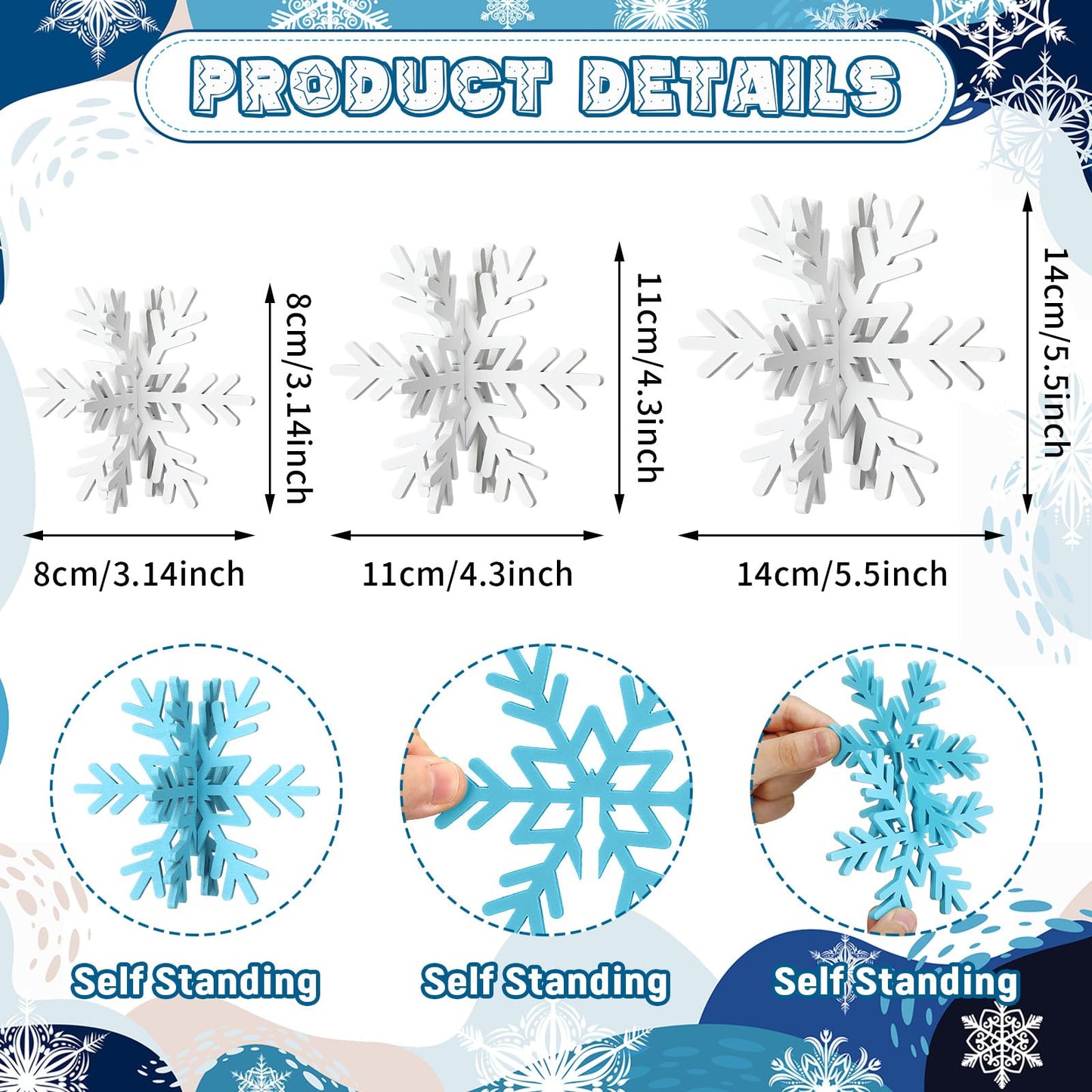 Bucherry 12 Pcs Wooden Snowflake Table Decor 3D Snowflake Tabletop Signs and Centerpiece for Frozen Party Christmas Xmas Winter Wonderland Decorations Home Office Mantel(White, Light Blue)