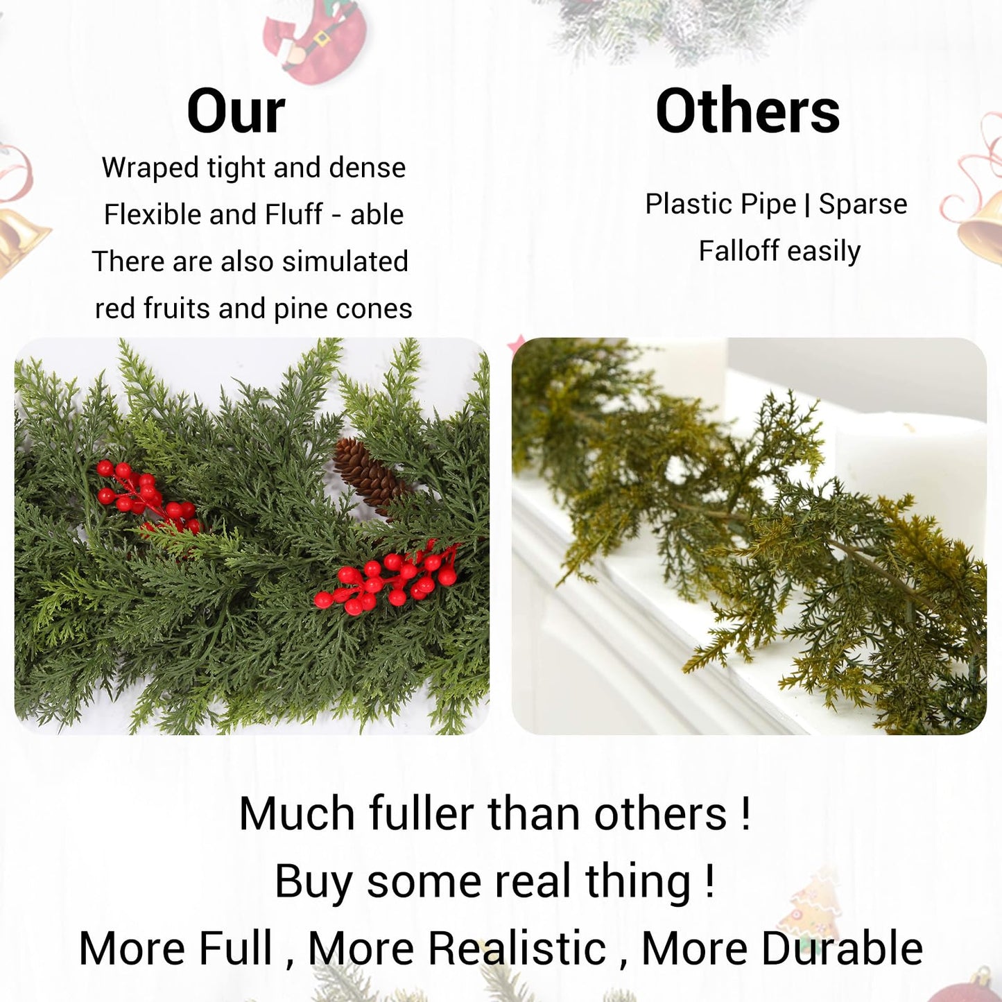 6ft Christmas Cedar Garland with Artificial Red Fruits and Pine Cones, Soft and Thick, Faux Greenery Cedar Garland, Suitable for Home Dining Table, Mantel, Porch Winter Christmas Decoration (6FT)