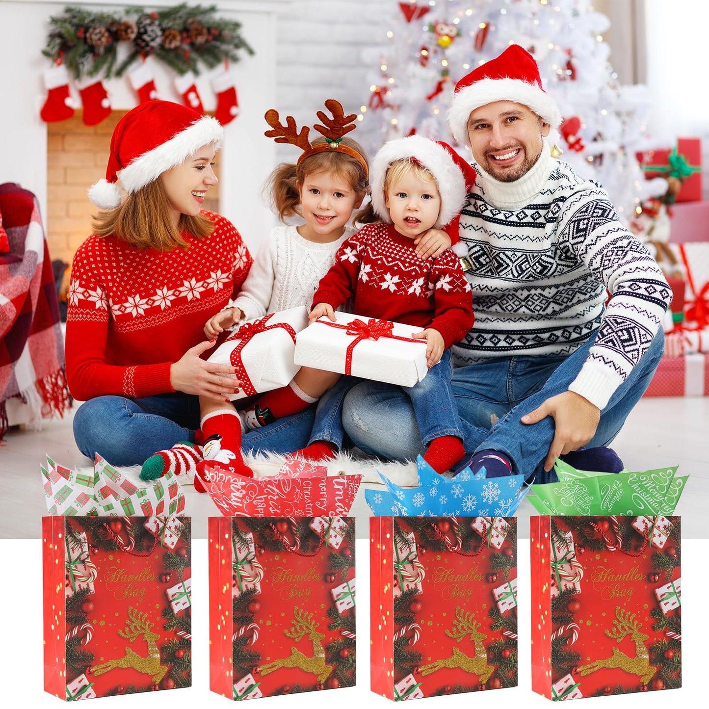 Rusikia 12 Christmas Gift Bags with 12 Tissues and 1 Satin Ribbon - Medium