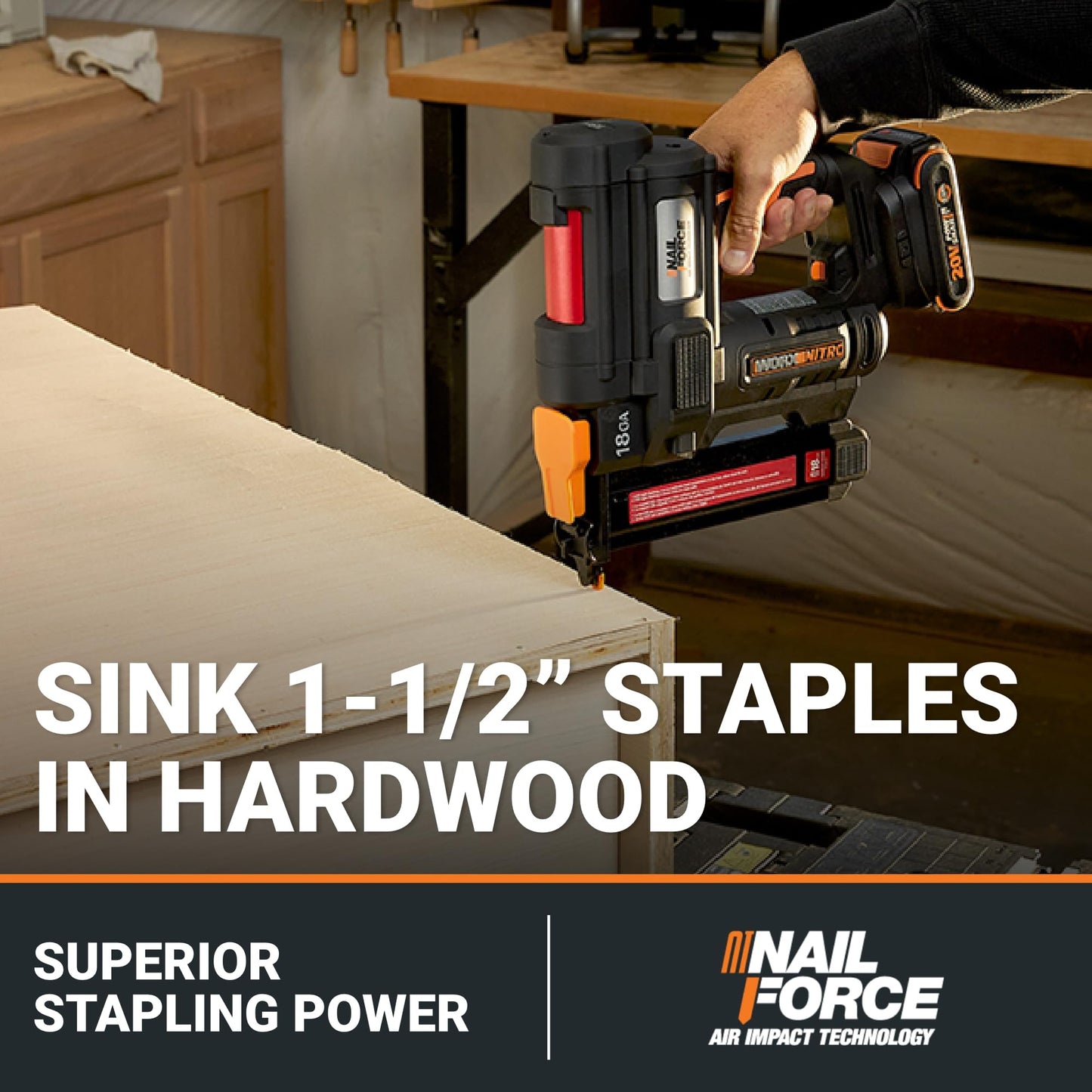 Worx Nitro 20V Cordless 18-Gauge Narrow Crown Stapler, Cordless Staple Gun Fires Up to 80 Staples/Min, Battery Powered Staple Gun with Tool-Free Jam Release WX844L – Battery & Charger Included