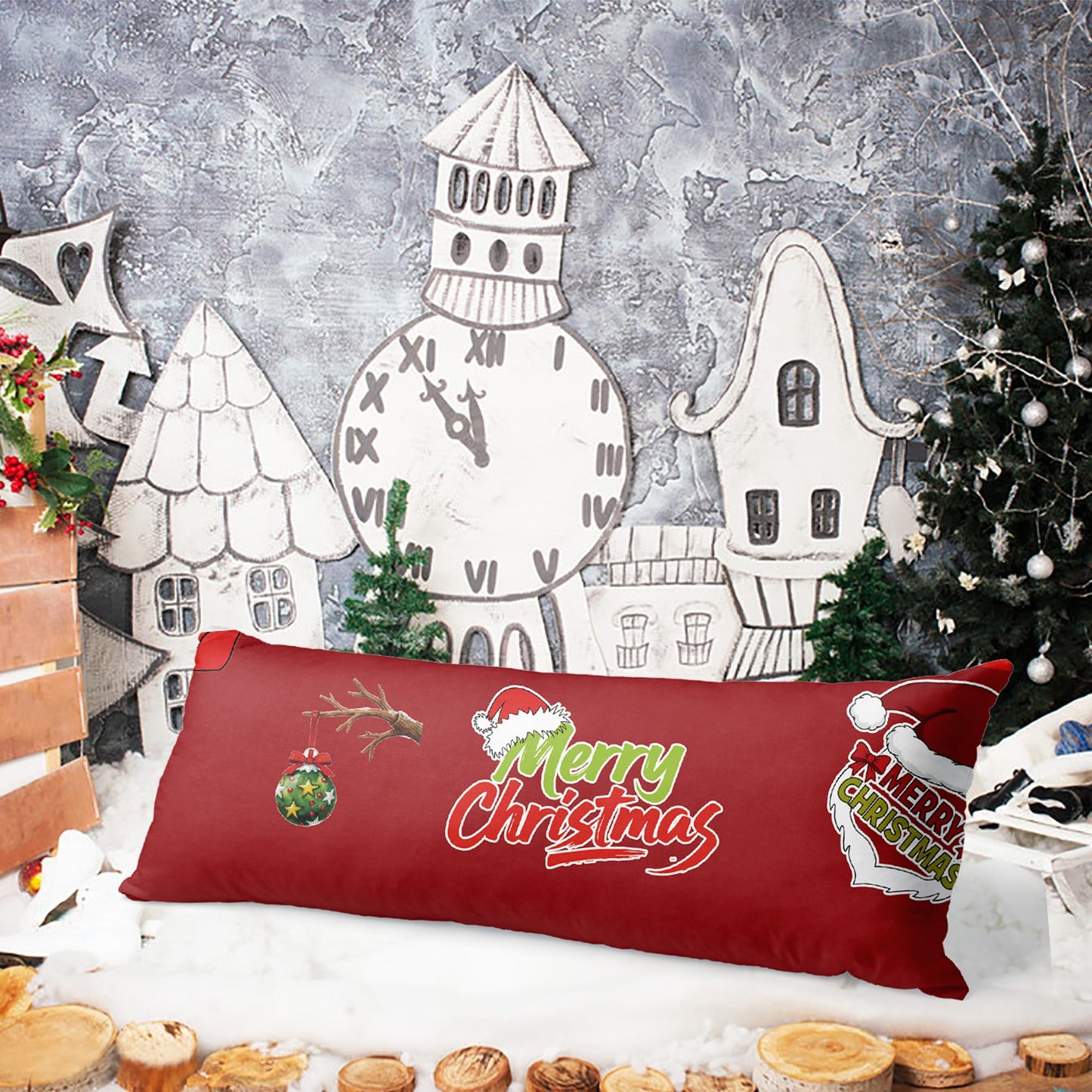 Cuteiush Christmas Body Pillowcase Xmas Holiday Red Large Body Pillowcovers Winter Sofa Home Decoration Cushion Pillow Protector 20x54inch