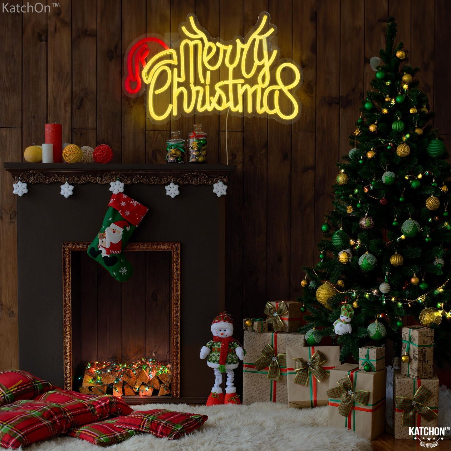 KatchOn, Large Merry Christmas Neon Signs - 16x10 Inch | Window Christmas Decorations Indoor | Xmas Party Decorations, Holiday Decor | Santa Hat Sign USB Powered LED Lights