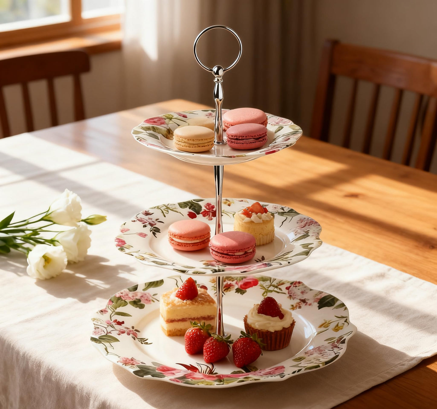 3-Tier 13.5 Inches Big Round White Porcelain Cakes Fruit Stand Plates, Cupcakes Serving Display Set, Ceramic Pastry Dessert Appetizer Candy Buffet Tray Towers Platter for Wedding Home Party - Flowers