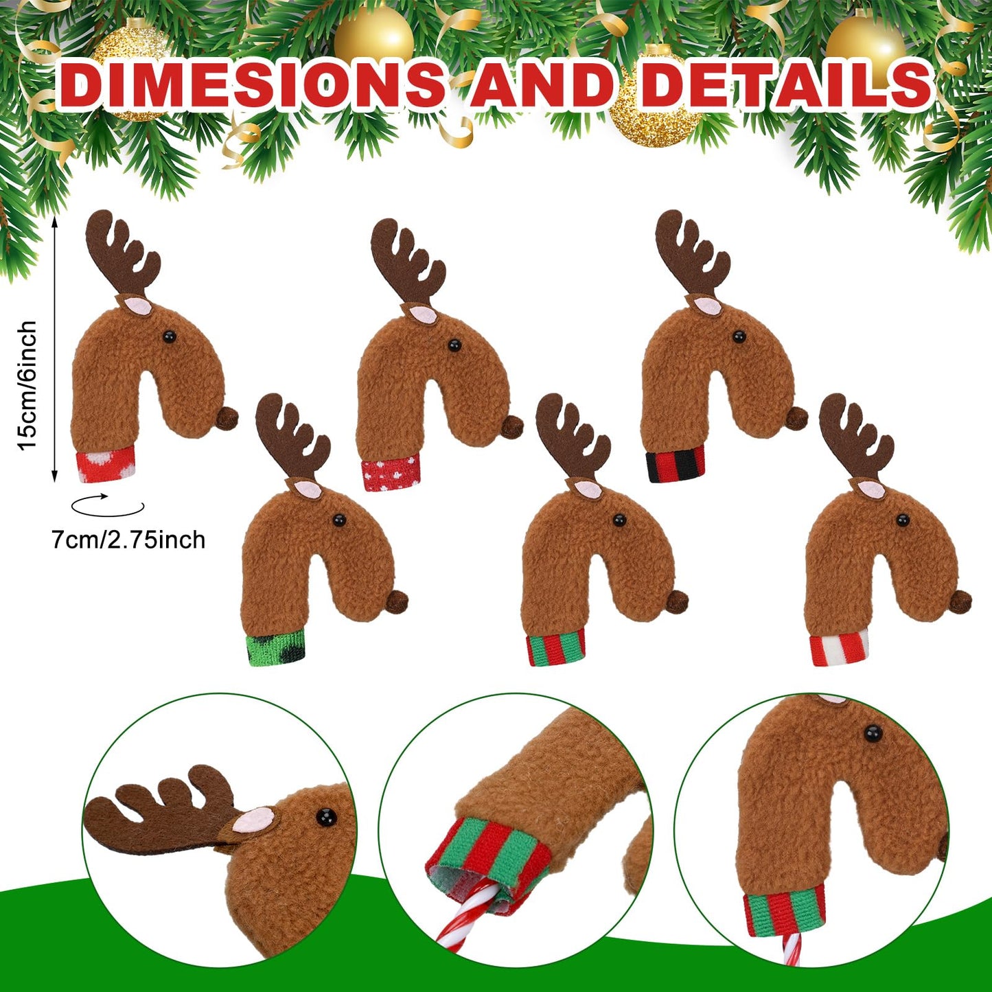 Poen 24 PCS Felt Reindeer Candy Cane Covers Christmas Candy Cane Holders Sleeves Reindeer Candy Cane Ornament for Xmas Holiday Home Office Decor Classroom Gifts Party Favors,Candy Canes Not Included