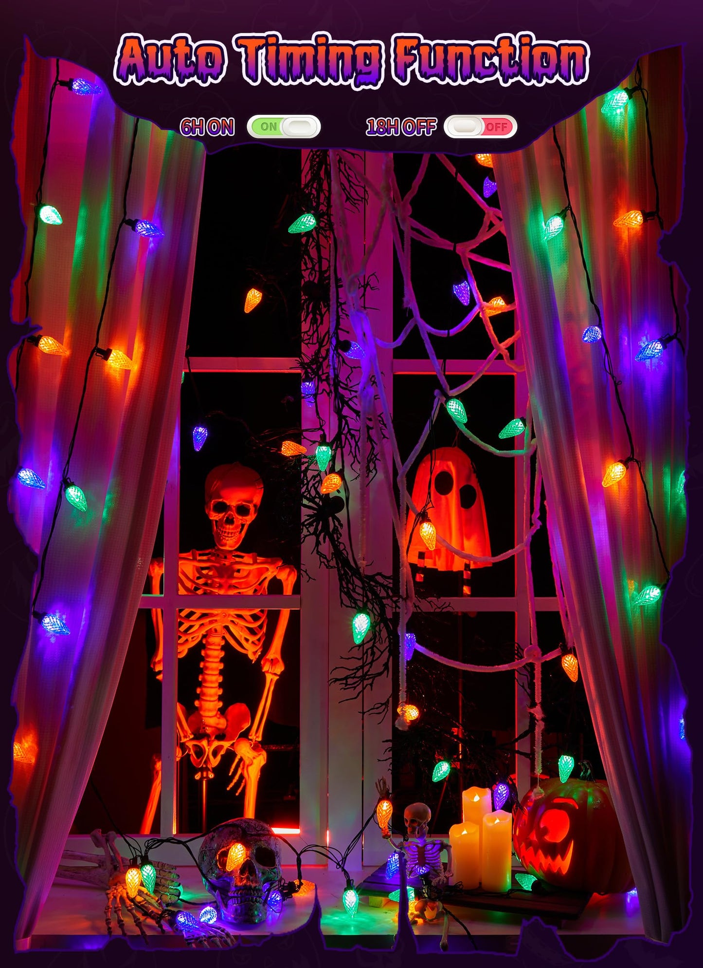 Brightown Halloween C9 LED String Lights, 114FT 150 LED Orange Purple and Green Halloween Lights with Timer & 8 Modes, Plug-in Waterproof Outdoor Lighting for House Patio Yard Porch Roof