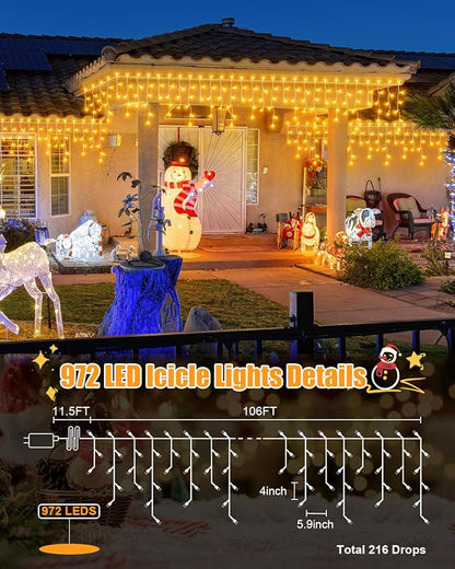 106 FT Christmas Lights Outdoor, 972 LED Waterproof Outside Christmas Lights Plug in, Connectable 8 Modes Hanging Fairy Lights with 216 Drops for House Eaves Yard Patio Wedding Decoration, Warm White