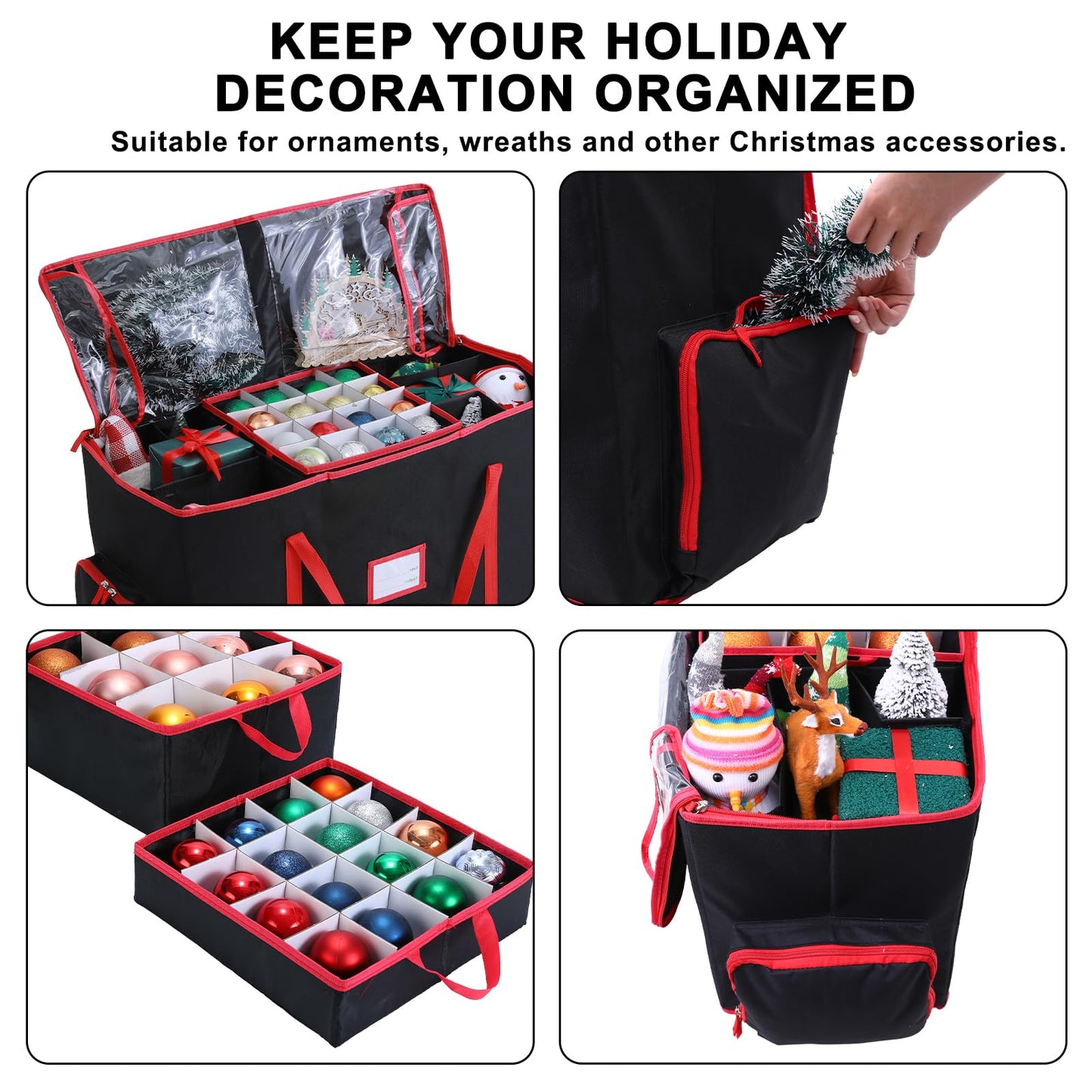 BIEBOS Large 2-in-1 Christmas Ornament Storage Box - High Capacity Storage, Easy Organization Protect Your Holiday Decorations (Black)