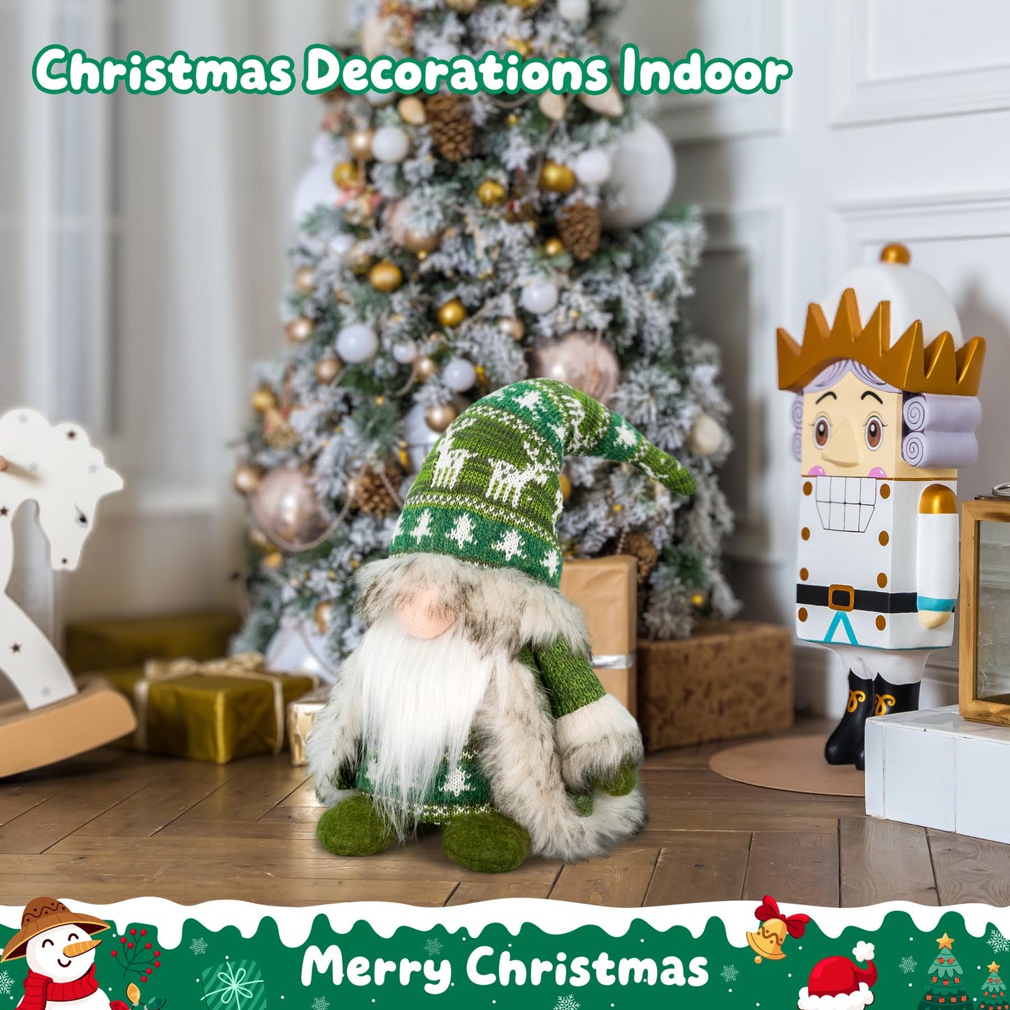 TACROART Gnome Christmas Decorations - Plush Nordic Figurine with Green Reindeer Knit Hat & Faux Fur Cloak, Rustic Tabletop Holiday Gnome Decor for Mantel, Shelf, or Gift Idea