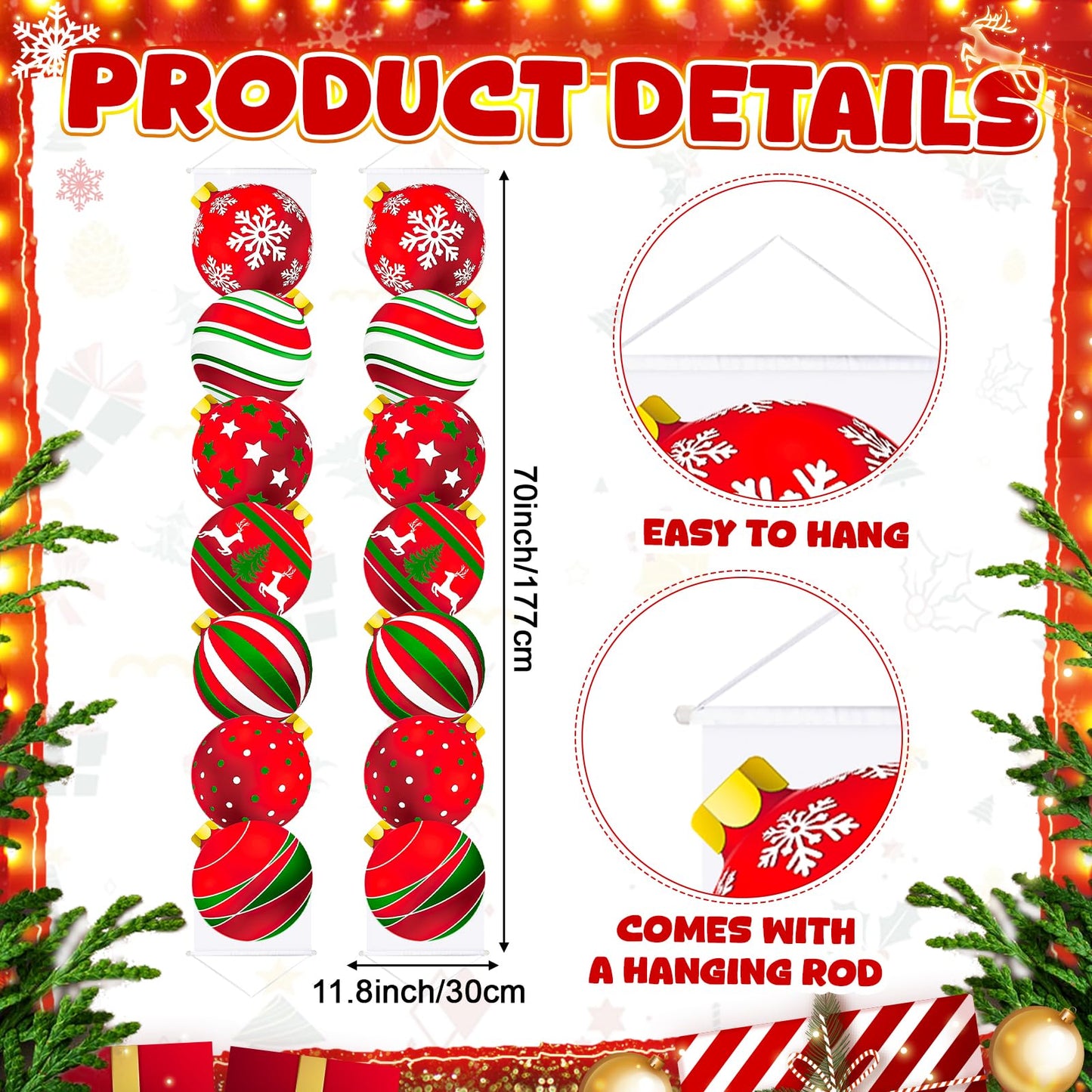 Suncalla 70 x 12 Inches Merry Christmas Lighted Banner Xmas Hanging Doorway Porch Sign LED Banner Outdoor Holiday Party Decor Supplies for Yard Front Door Wall, Batteries Not Included(Christmas Ball)