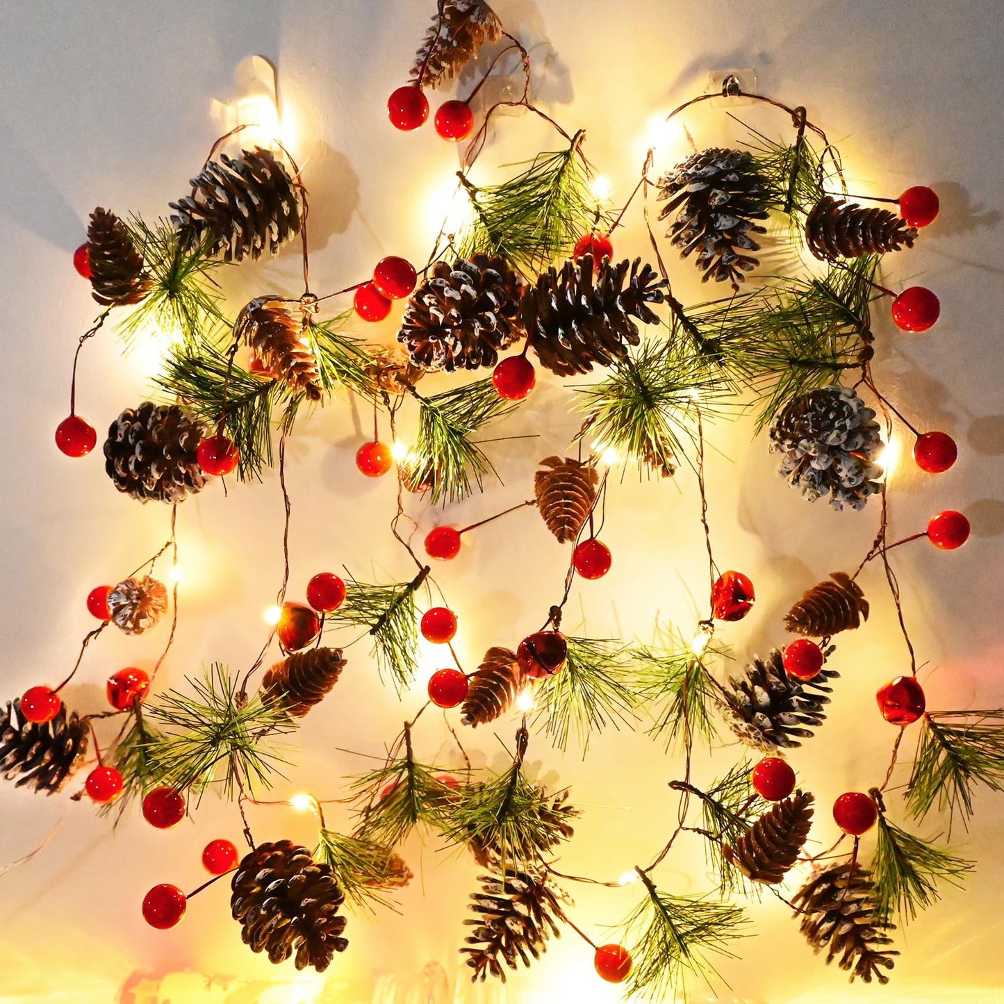 PALONMY Pine Garland with Lights Christmas Garlands 6.56FT 20LED Battery Operated Garland with Red Berry and Holiday Pinecones Prelit Lights for Home Windows Fireplace Stairs