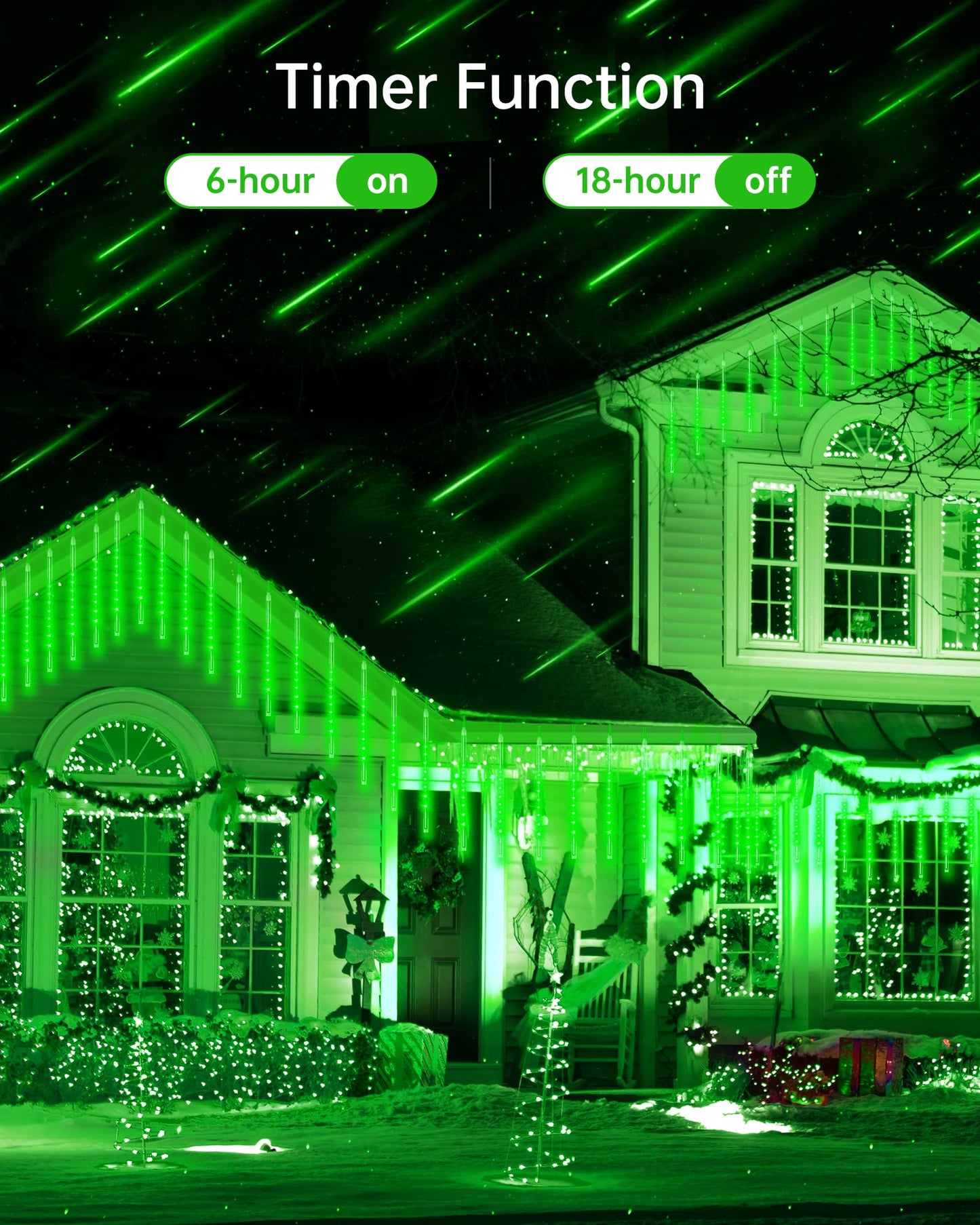 Blingstar Meteor Shower Lights Outdoor Christmas Lights, 16 Inch 10 Tubes 360 LEDs Falling Rain String Light with Timer, Waterproof Plug in Icicle Light for Tree Porch Roof Yard Xmas Decoration, Green