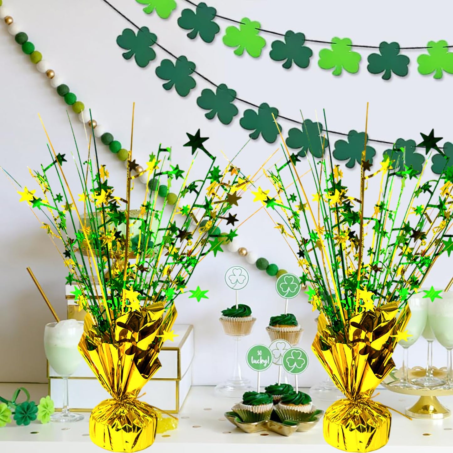 FUBININA 6 Pc St. Patrick's Day Party Decoration Metallic Foil Spray Centerpieces Star Burst Tabletop Decor for Irish St Patty's Day Jungle Animal Birthday Holiday Graduation Hawaiian Party Green Gold