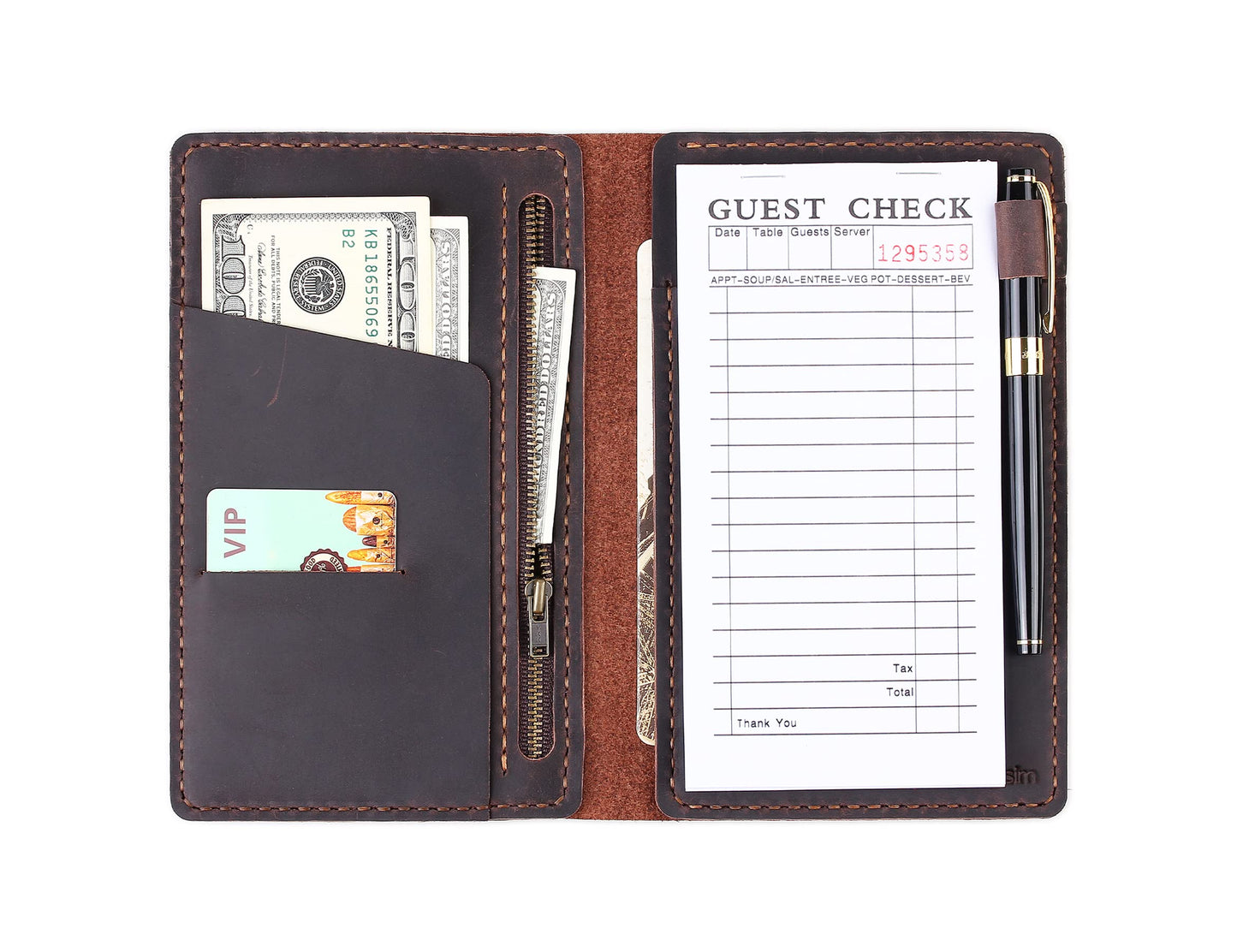 Server Book Organizer with Zipper Pocket, Genuine Leather Restaurant Guest Check Presenters Card Holder for Waitress, Waiter Accessories Fit Server Apron - Coffee