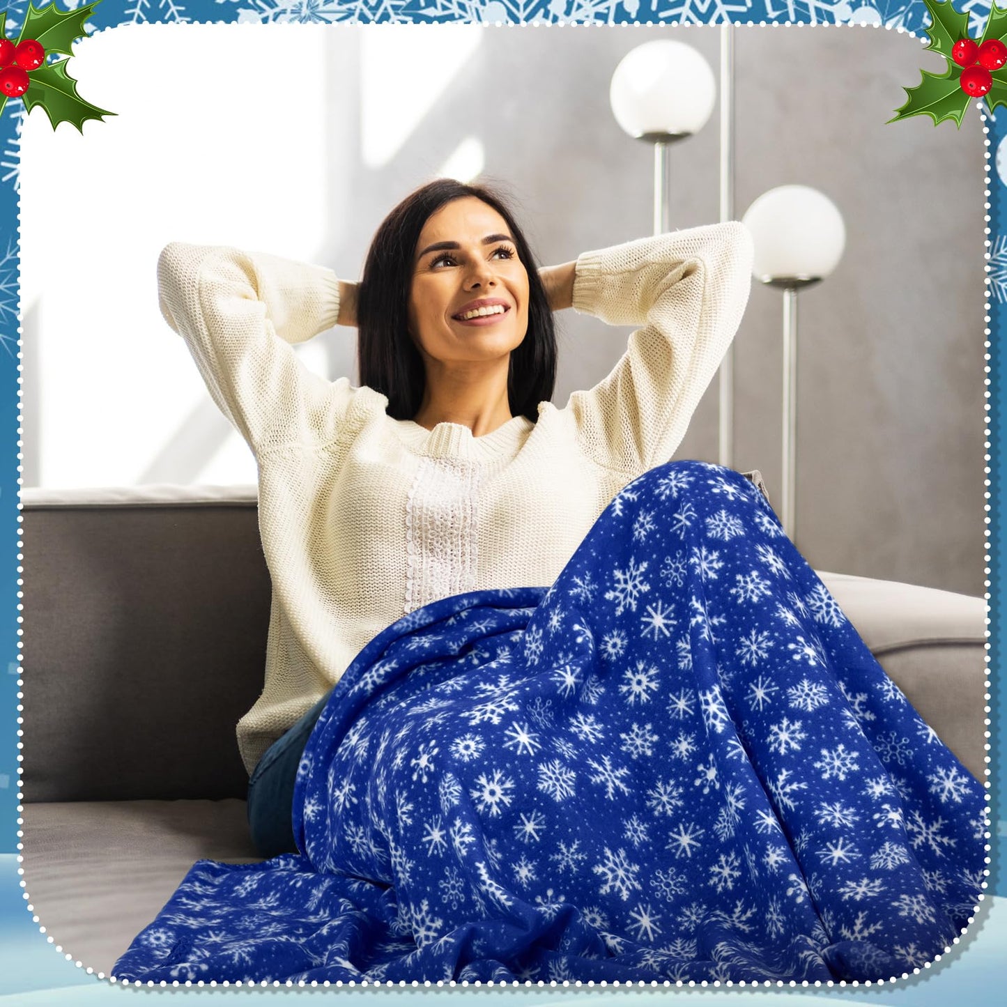Moukeren 24 Pcs Christmas Snowflake Throw Blanket Bulk, 59 x 47 Inch Xmas Winter Throw Blanket Christmas Warm Soft Cozy Fleece for Home Bedding Couch Chair Gift (Dark Blue)