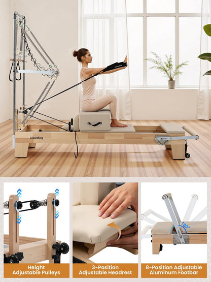 LeisureKing Pilates Reformer with Tower, Pilates Machine Equipment for Home Gym Workout, Studio Grade Reformer Set with Full Accessories, Sitting Box, Jump Board for Fitness & Pain Relief
