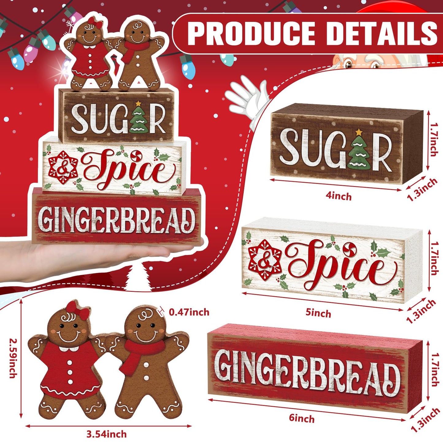 Marsui 4 Pcs Christmas Gingerbread Table Decorations Gingerbread Man Wooden Sign Blocks Rustic Xmas Tiered Tray Decor Farmhouse Holiday Christmas Decorations for Home Indoor Office Desk Mantle Shelf