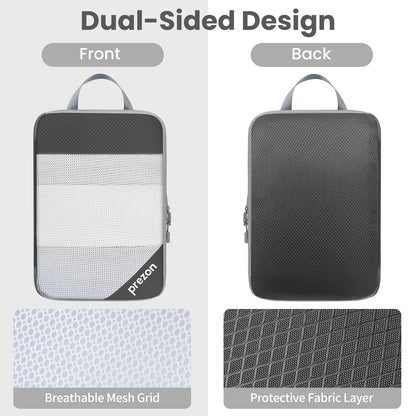 Prezon 8 Set/6 Set/4 Set Compression Packing Cubes for Travel, Lightweight Vacation Travel Essentials,Accessories for Suitcase Organizer Bags Set, Durable Luggage Organizer （6-half mesh-Grey）
