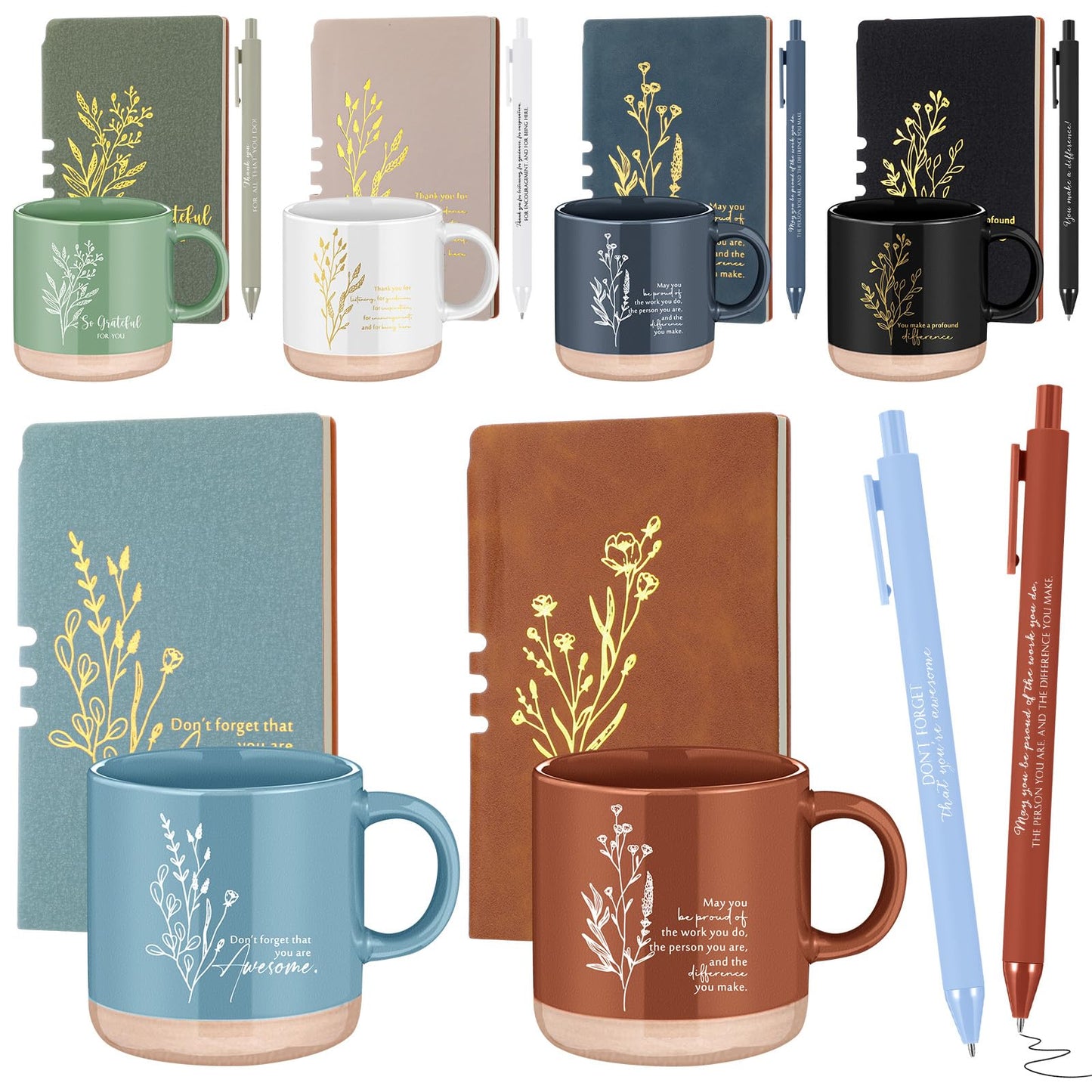Didaey 6 Sets Employee Appreciation Gifts Set 13oz Boho Floral Ceramics Coffee Mugs with A6 Leather Notebooks Ballpoint Pens Bulk Office Thank You Gift for Coworkers Staff Team Nurse