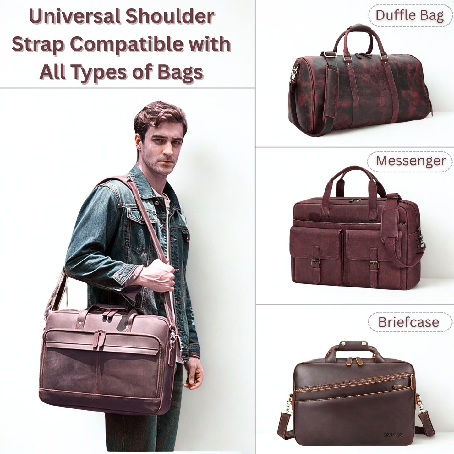 Genuine Leather Straps for Bags 60-inch Adjustable Shoulder Strap Replacement for Briefcase Messenger Crossbody Duffel Bag (Dark Brown)