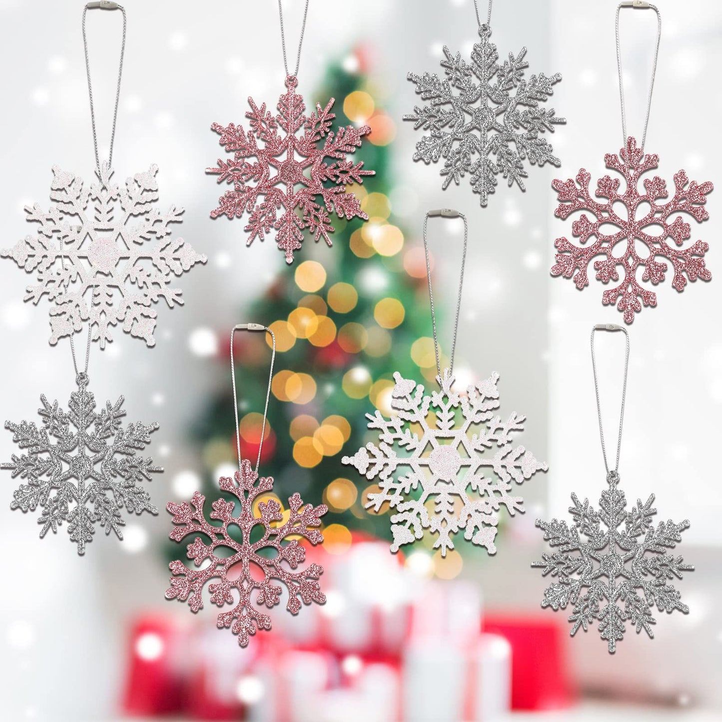 Syhood 48 Pieces Christmas Glitter Snowflake Ornaments 4 Inch Plastic Snowflake Ornaments Hanging Crafts for Christmas Tree Embellishing Party Decorations(Pink, Silver, White