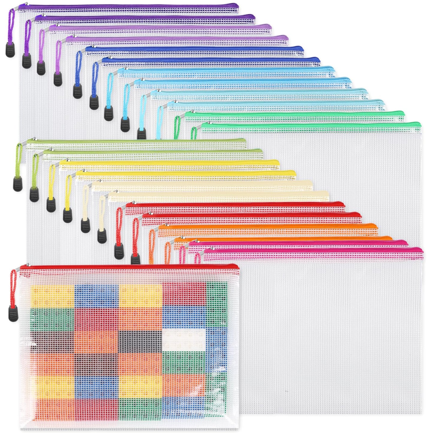 EOOUT 24pcs Mesh Zipper Pouch Bags A4 Document Bag, 13.5x9 Inches, Plastic Zip File Folders, Puzzles, Board Game Storage for Organizing Office Home