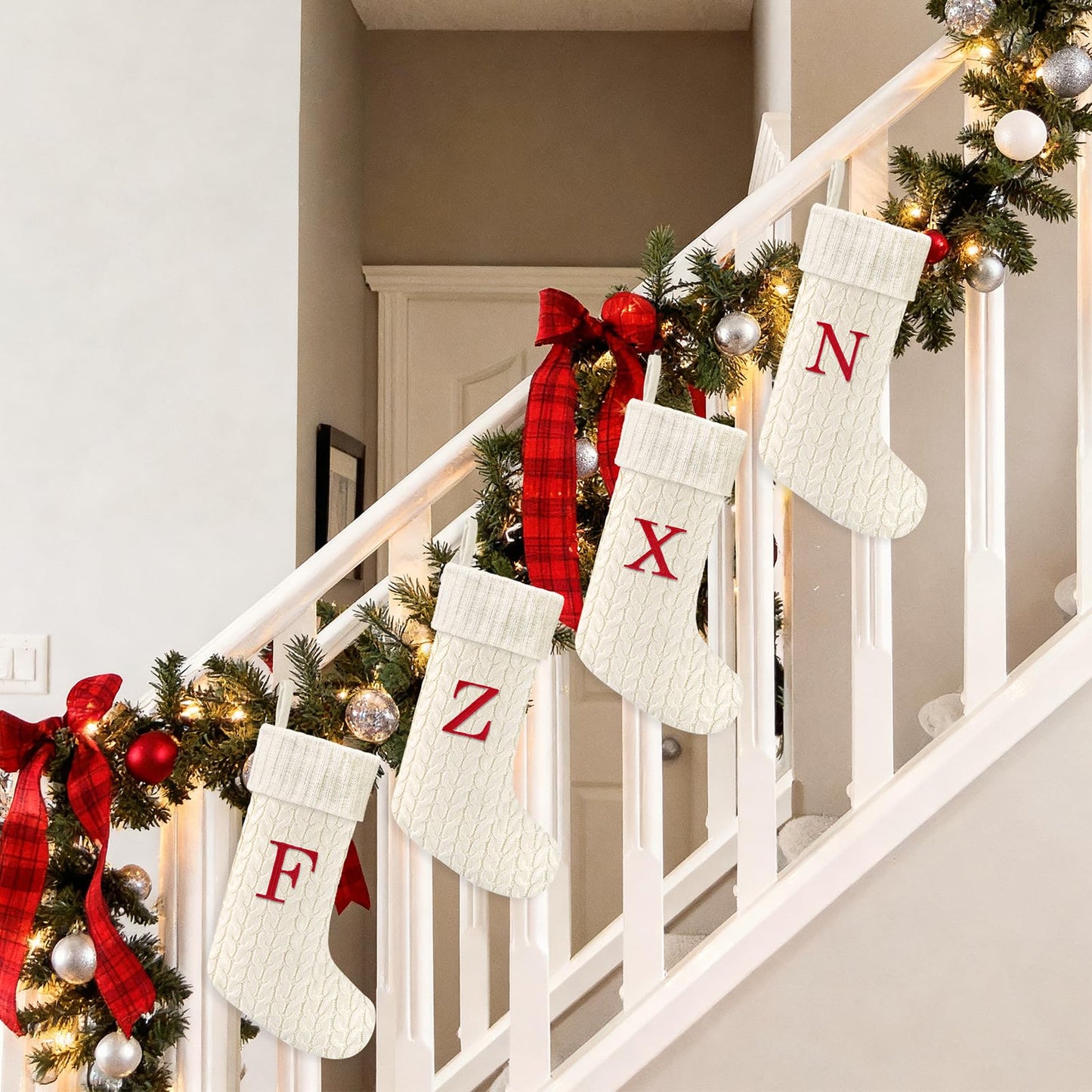 Yoochee 21 Inches Knitted Christmas Stockings with Initials, Large White Custom Monogram Embroidery Christmas Stockings with Letter, Personalized Xmas Decoration for Holiday Family Party-A