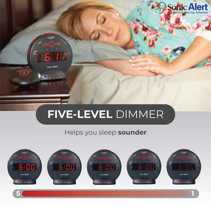 Sonic Bomb Dual Extra Loud Alarm Clock with Bed Shaker, Black | Sonic Alert Vibrating Alarm Clock Heavy Sleepers, Battery Backup | Wake with a Shake