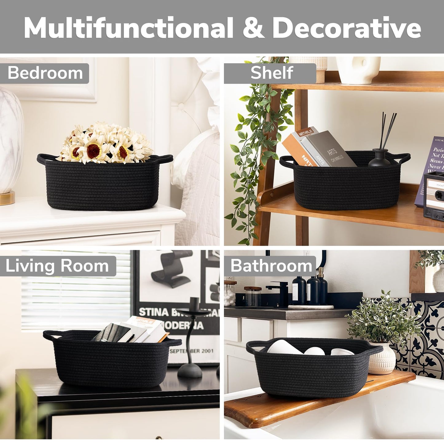 CHICVITA Storage Basket for Gifts, Cute Cotton Rope Baskets for Nursery, Small Gift Basket with Handles, Decorative Woven Baskets for Bathroom, 13 x 9.8 x 5 inches, Black