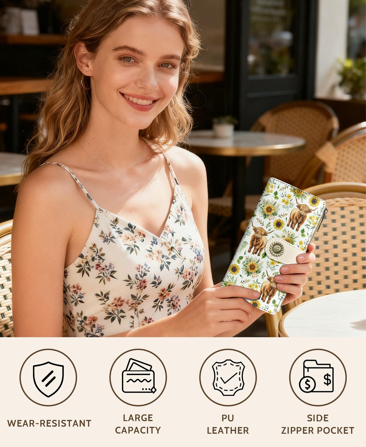 GIANCOMICS Highland Cow Womens Wallet RFID Blocking, Sunflower Credit Card Holder Bifold, PU Leather Travel Billfold, Long Cute Cash Purse, Zipper Coin Pocket Clutch, 11 Card Slot, Ladies Gift Woman