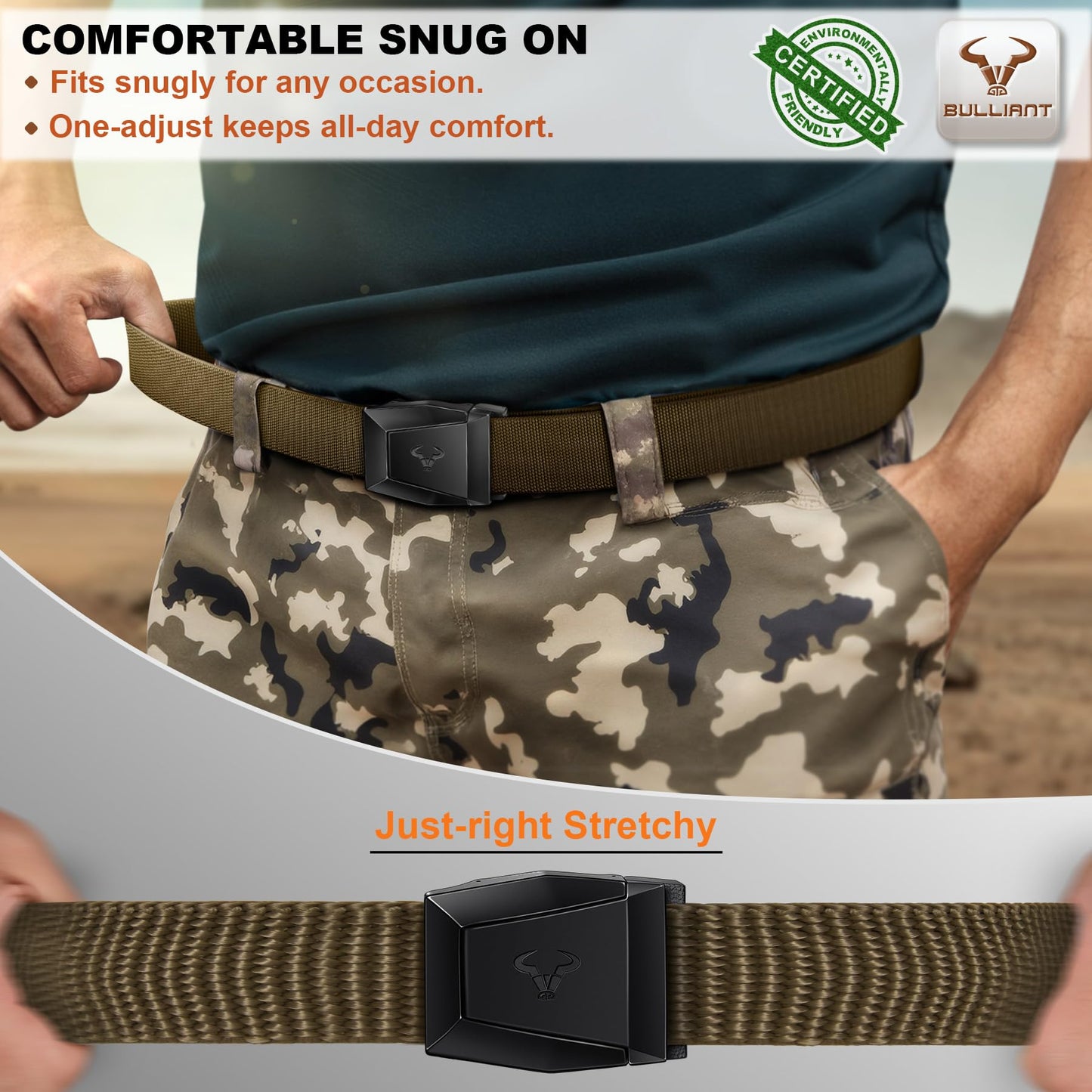 BULLIANT Men Tactical Belt 2 Pack,Stretch Western Rigger Web Belt For Cowboy Military Heavy Duty 1.5"-Cut For Fit(Black/Wood Thrush,34"-38" Waist Adjustable)