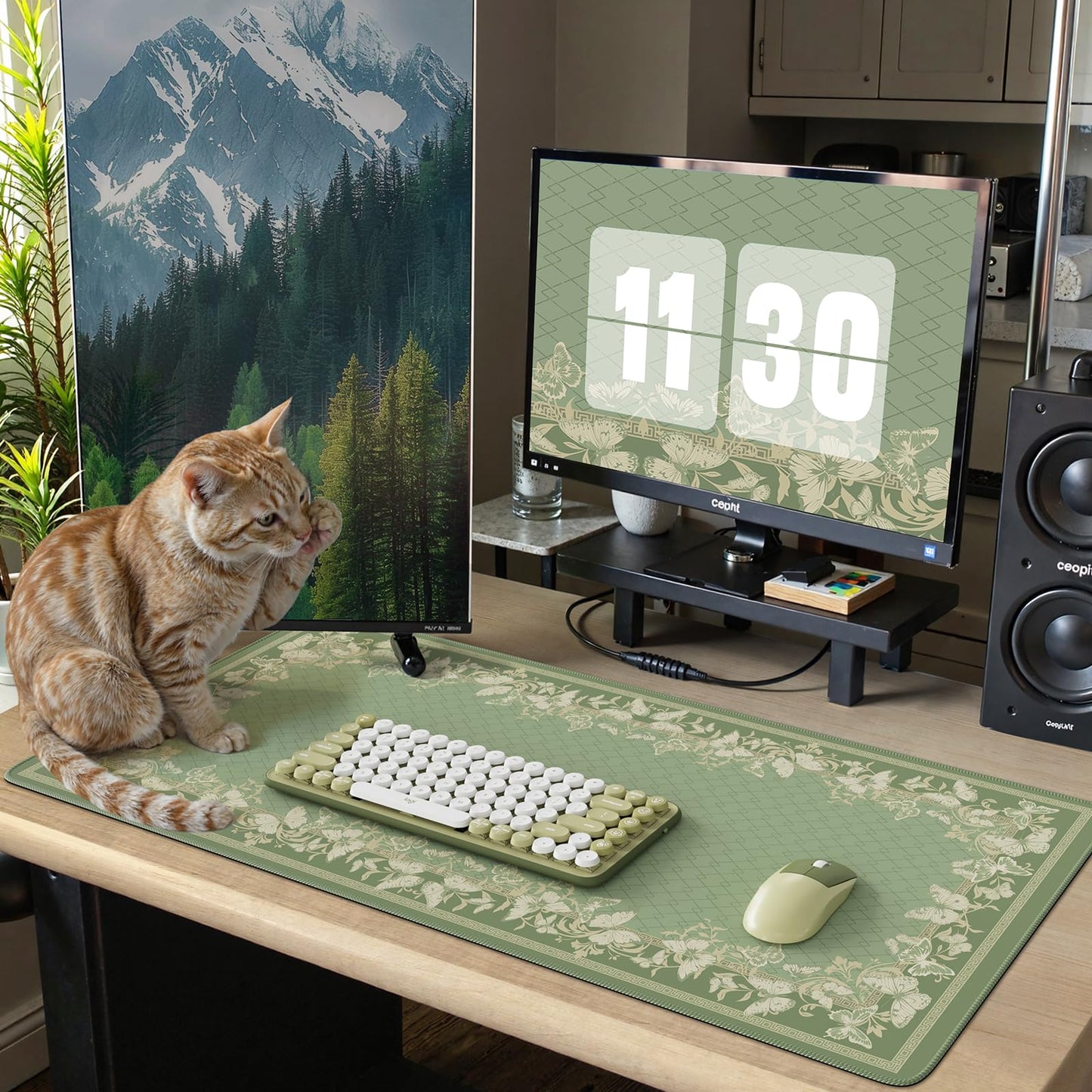iCasso Floral Desk Mat for Keyboard and Mouse,Cute Gaming Mouse Pad XXL,Anti-Slip Desk Matt for Desktop,Soft Lycra Surface Computer Mat Women,Girly Big Mousepad for Home Office (Light Green)