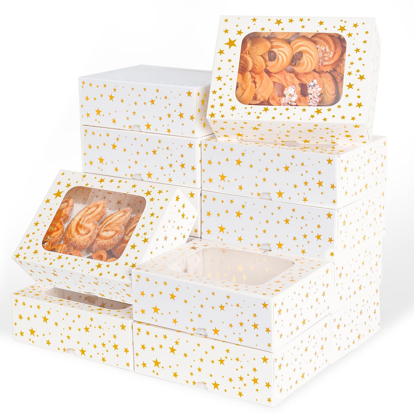YEKTFS 12pcs Cookie Boxes with Window, 8.25x6x2.75in White Treat Boxes with Window Gold Foil Star Bakery Cake Boxes for Christmas Gift Giving Pastry Dessert Cupcakes Candy Donut Packaging