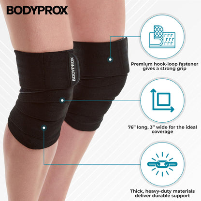 Bodyprox Knee Wrap 2 Pack for Squats, Weightlifting, Powerlifting, Leg Press, and Cross Training, Knee Support for Men and Women