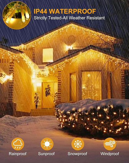 Christmas Icicle Lights for Outside 1000 LED 98FT with 160 Drops, Warm White Waterproof Fairy String Lights for Roof/Gutter/Wedding, 8 Modes & Remote, Timer, Energy-Efficient Holiday Decorations