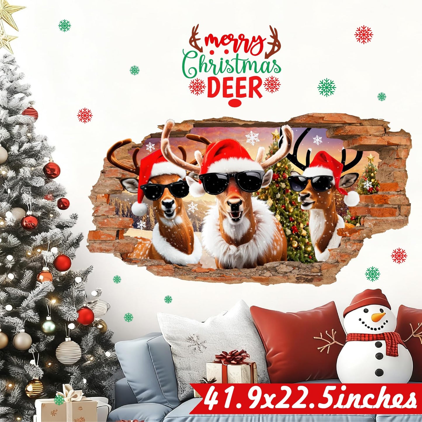 Christmas Wall Stickers Decoration Merry Christmas Wall Decals Peel and Stick 3D Winter Broken Walls Sticker Indoor Xmas Cartoon Deer Vinyl Art Mural for 2026 New Year Holiday Party Supplies
