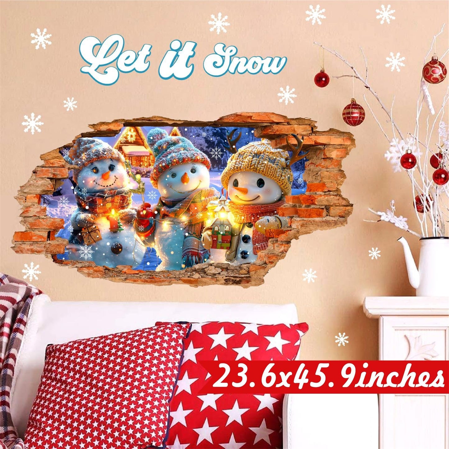 Christmas Wall Decals Cartoon Snowman Stickers Xmas Indoor Decoration Winter Holiday Broken Wall Decal Peel and Stick Merry Christmas Sticker Art Mural for 2026 New Year Living Room Party Supplies