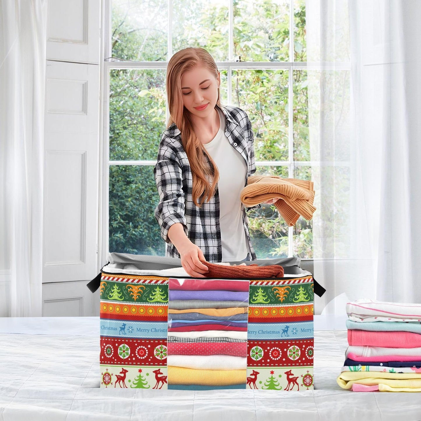 Christmas Clothes Storage Bag Foldable Storage Bin with Handle Zipper Clear Window Closet Organizer for Bedding Blankets 60L