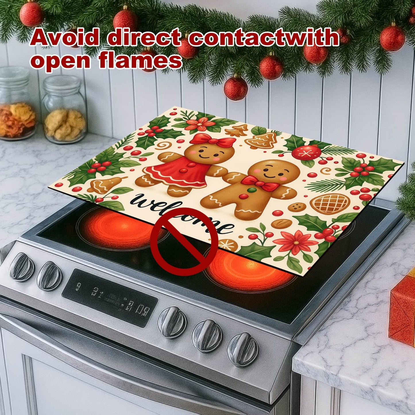 HOMETITUTE Stove Top Covers for Electric Glass Stove 28x20 Inches Christmas Gingerbread Couple Design Heat Resistant Cooktop Protector Cover Glass Stovetop Cover for Kitchen Countertops and Sinks