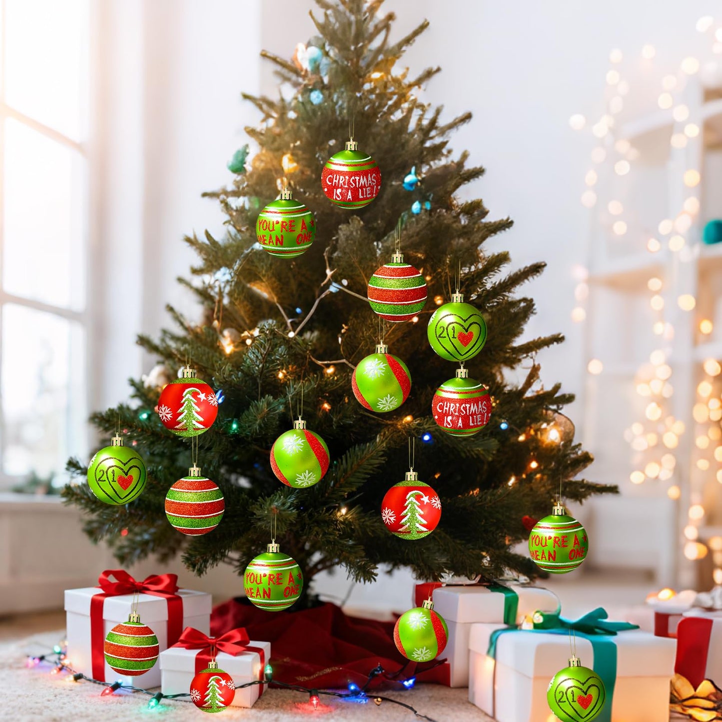 24 Pcs 2.4 Inch Christmas Ball Ornaments,Glittering Plastic Hanging Decorations Swirl Candy Cane Peppermint Red and Green Christmas Tree Pendants for Xmas Tree Decoration
