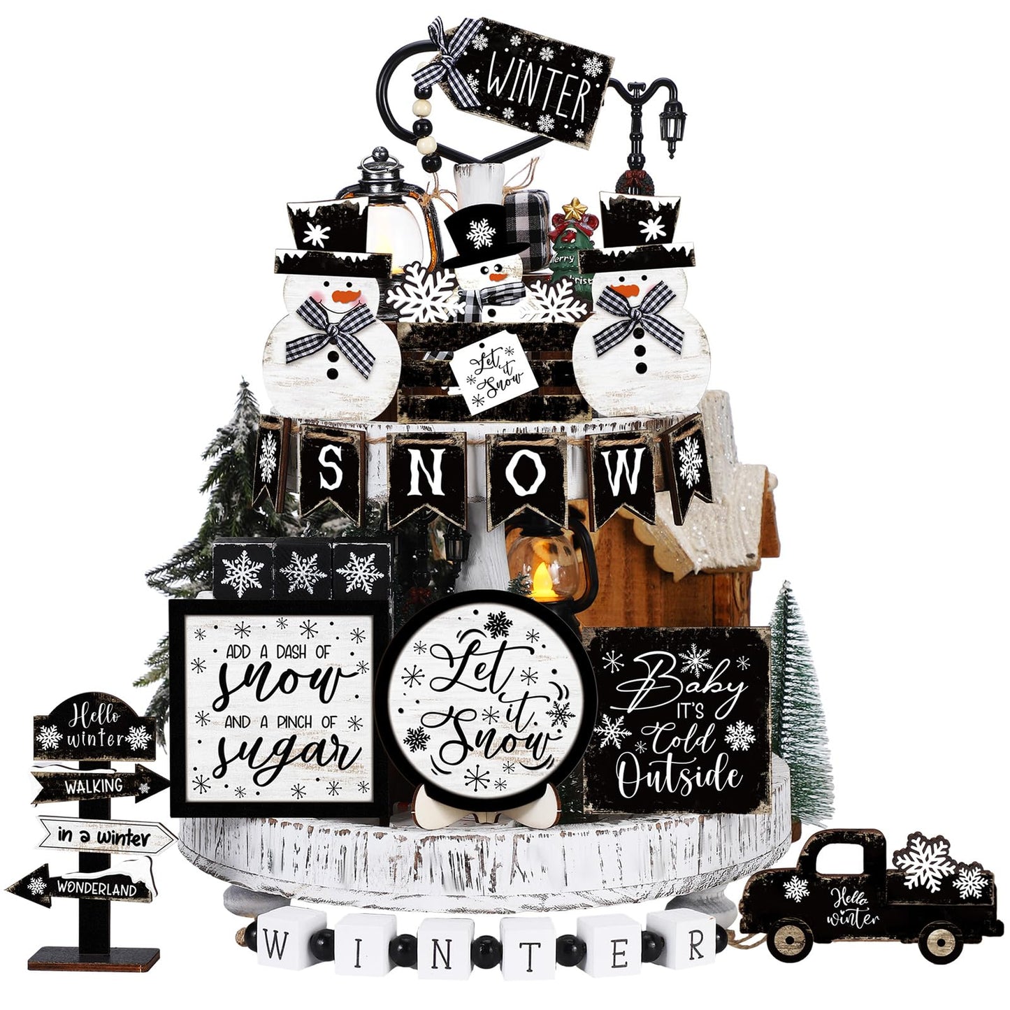 Vercraft 18 Pcs Graduation Tiered Tray Decorations Class of 2026 Tiered Tray Decor Black White Grad Wooden Signs Farmhouse Table Shelf Decoration for Graduation Party Supplies(Black and White)