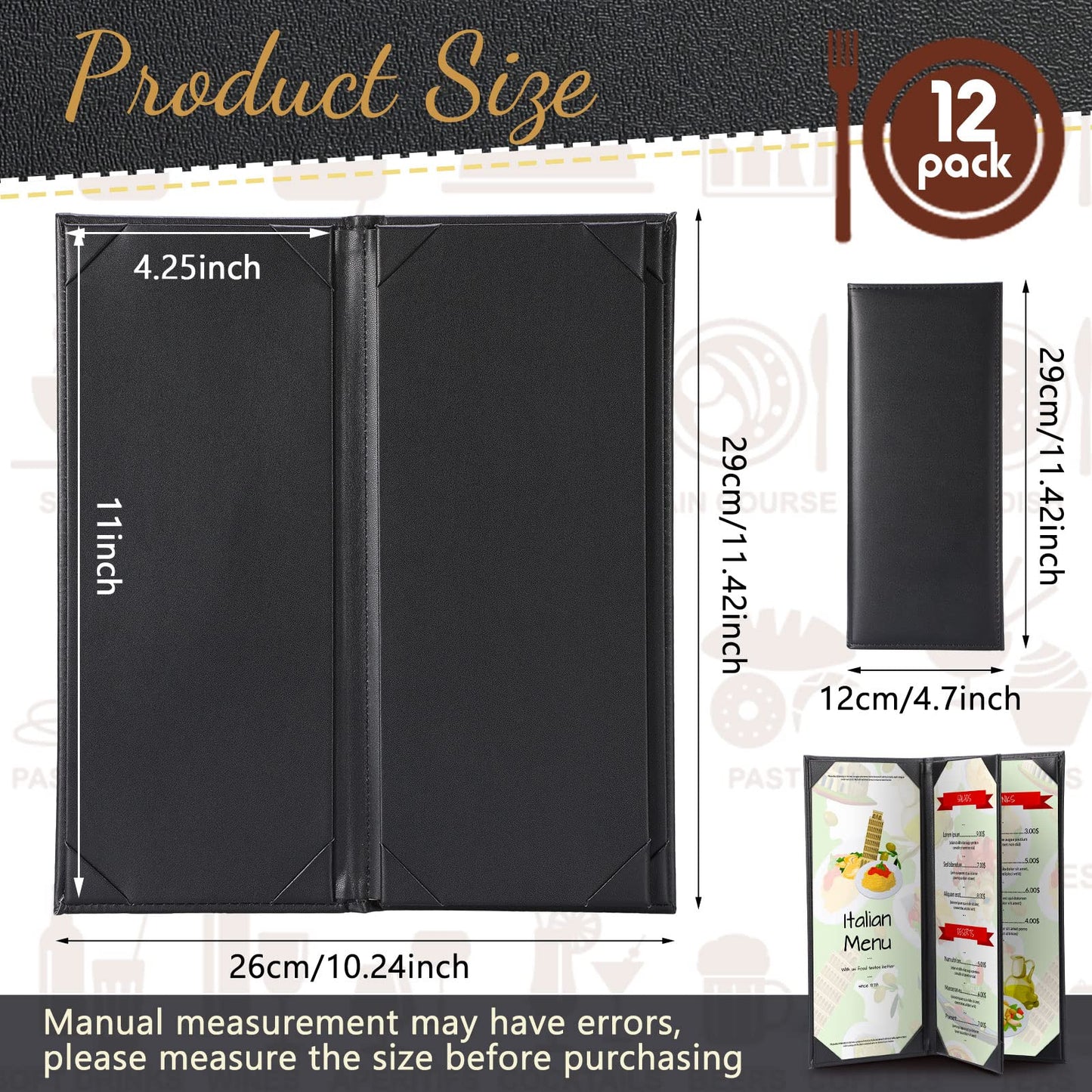 Jexine 12 Pcs Black Menu Covers Waterproof Restaurant Cafe Bar PU Leather 4 View Fold Menu Book with Angled Corners for Wine Drinks Cafes List Covers Set, 4.25 x 11 Inches
