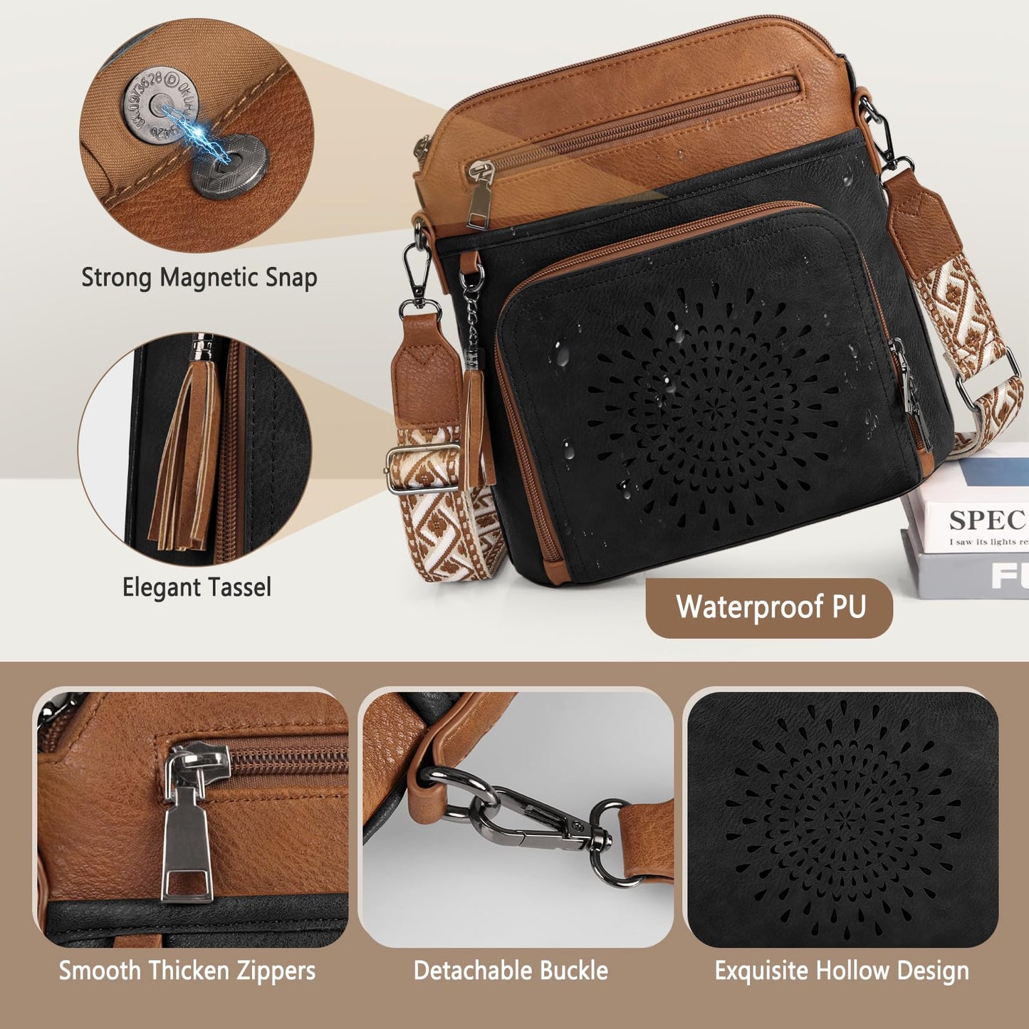RAINSMORE Crossbody Bags for Women Leather Purse with Built in Wallet & Wide Straps Travel Cross Body Shoulder Handbags, black&brown