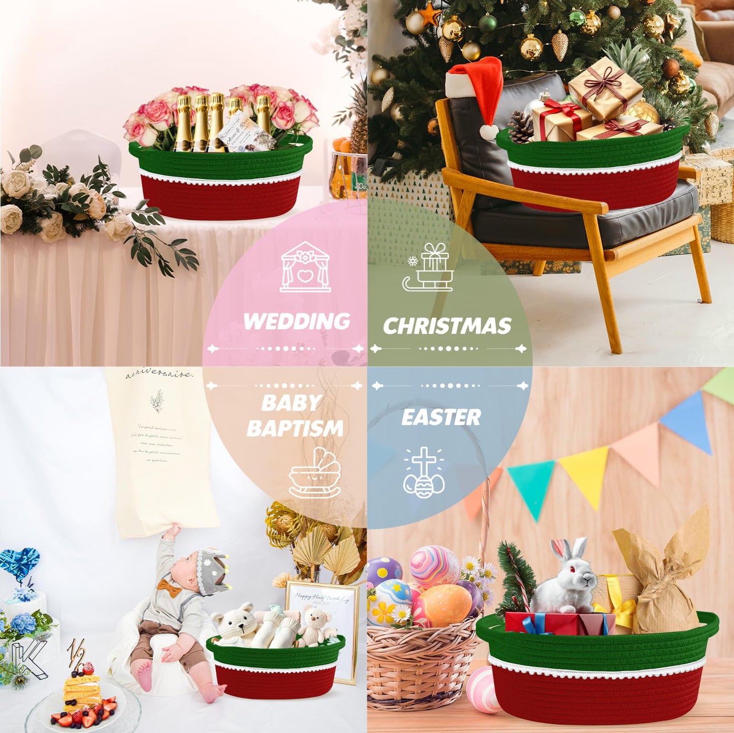 Christmas Red & Green Gift Basket Empty with Wrap Bag & Ribbon & Card, Empty Small Woven Storage Basket (12"x8"x5"), Cute Decorative Gift Baskets Storage for Christmas Baby Showers Easter (Green-Red)