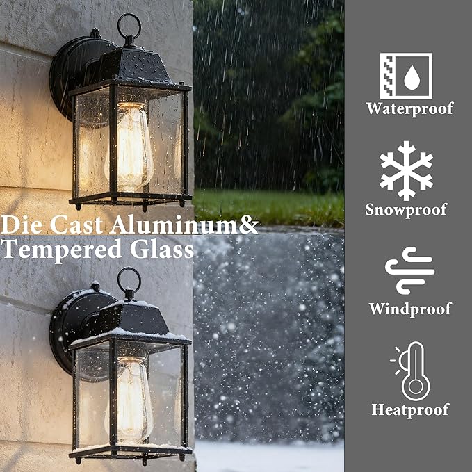 Dusk to Dawn Outdoor Wall Lights 2-Pack, Black Exterior Light Fixtures with Clear Glass, Waterproof Modern Porch Sconce Lanterns for Garage, Patio, Front Door, House (E26 Bulb Not Included)