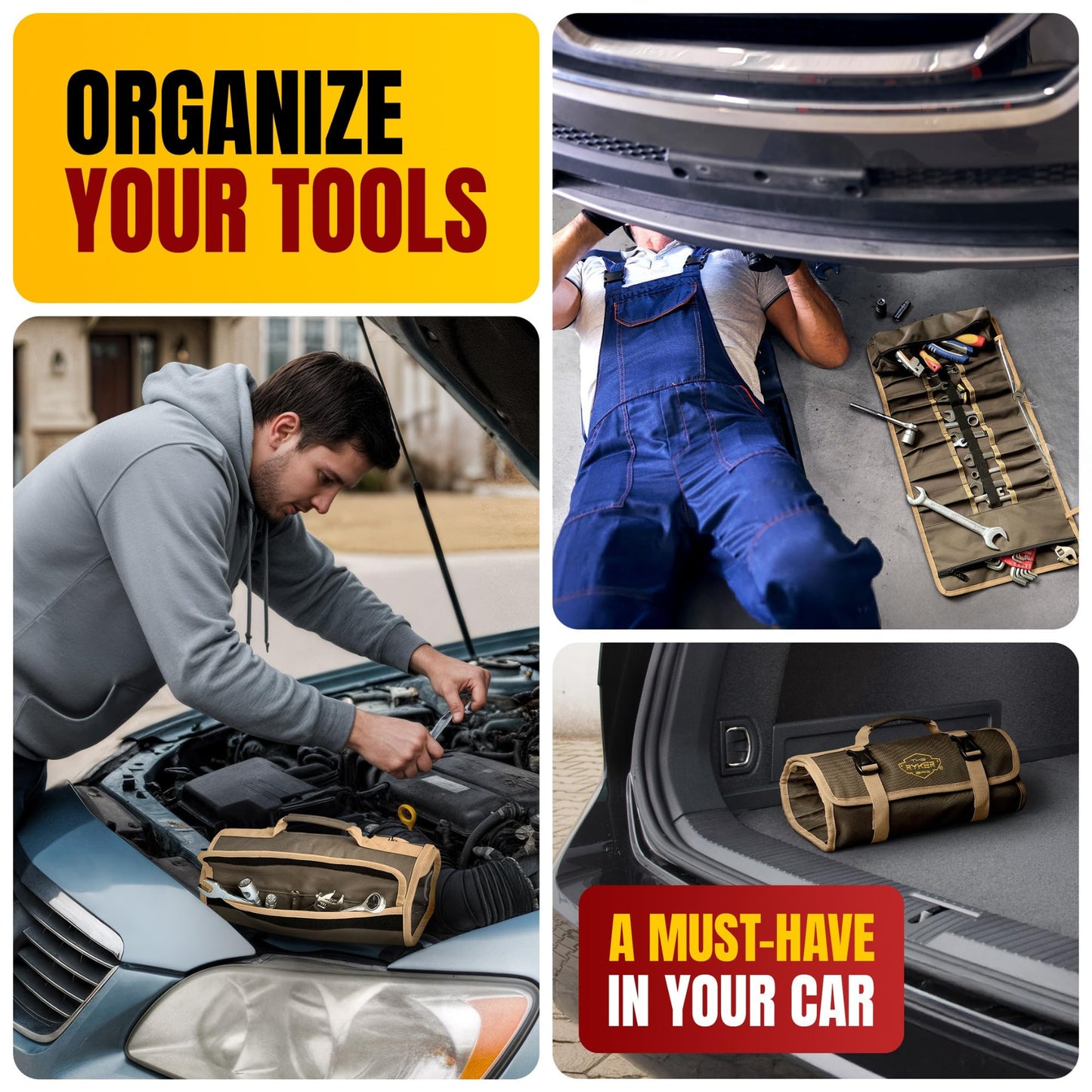 The Ryker Bag Wrench Roll Up Heavy-Duty Canvas Tool Organizer, Tool Roll Organizer Gifts for Dad Roll-Up Tool Bag w/Multiple Pockets for Wrenches, Sockets & Hand Tools for Mechanics & Electricians