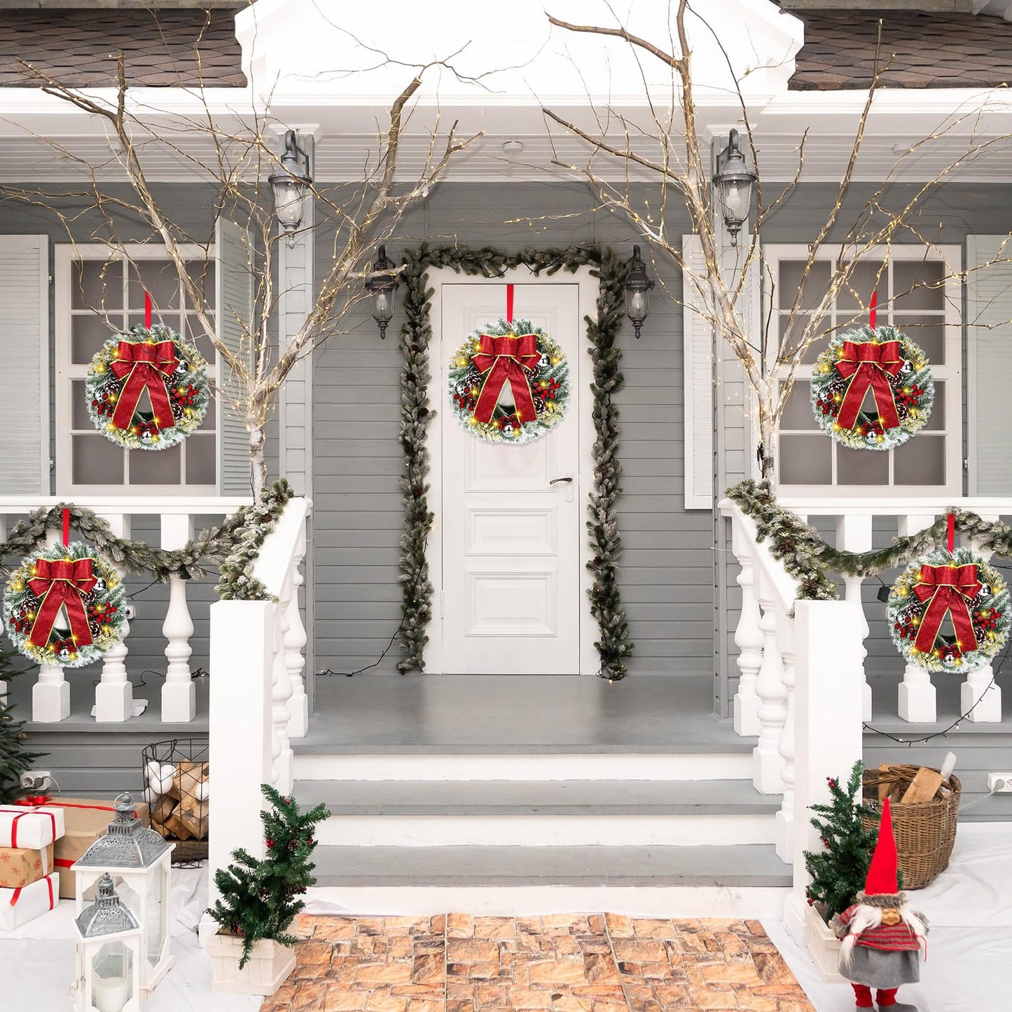 4 Pcs Lighted Christmas Wreaths, 12 Inch Pre Lit Small Xmas Wreath with Large Bow, Pine Needle Wreath with LED Lights Battery Operated Xmas Ornaments for Front Door Wall Christmas Party Decor(Silver)