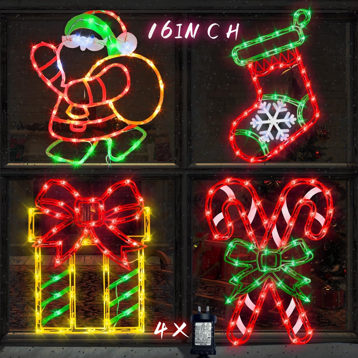 TRWYMZ 16" Christmas Window Silhouette Lights - 4 Pack Colour Lighted Christmas Stocking & Candy Cane & Gift Box & Santa for Holiday Indoor and Outdoor Wall Door Window Decorate