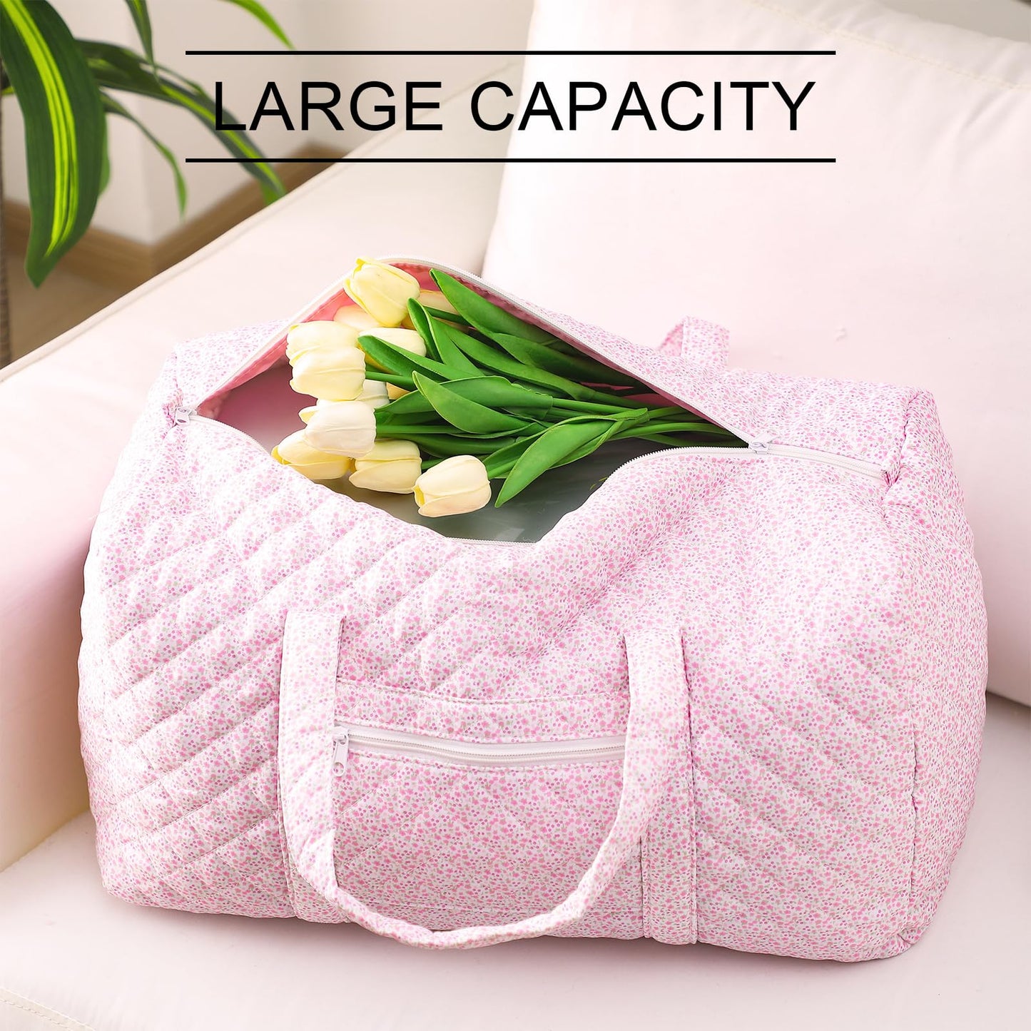Bulyoou 2 Pack Floral Travel Duffel Bag Large Quilted Travel Duffle Bag and Floral Makeup Pouch Portable Gym Lightweight Weekender Organizer with Zipper Pockets Grocery Pouch for Women(Pink)