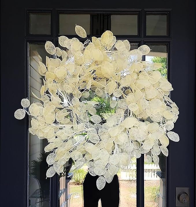 24" Yellow & Cream Fake (Not Real-Looking) Winter Fall Wreaths for Front Door – Boho Year Round Farmhouse Porch Door Decor – Beige Eucalyptus Lunaria Annua Welcome Door Wreath